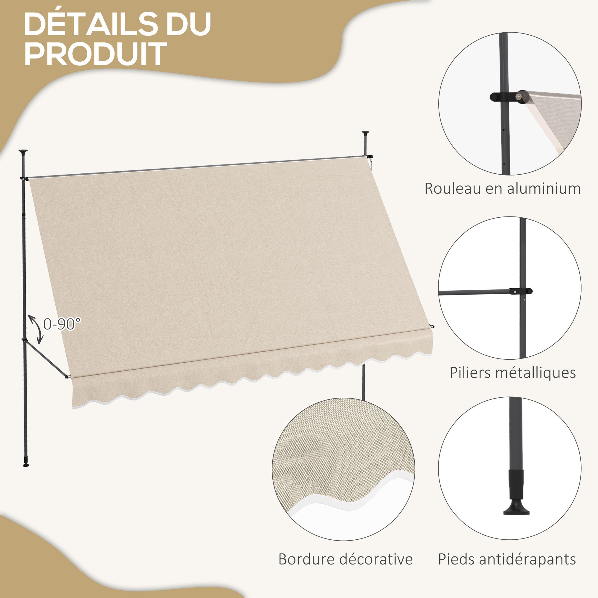 Self-supporting manual awning retractable sun protection 3.5L x 1.2W x 2.1-3H m Adjustable tilt for balcony without drilling Metal Aluminum Polyester Sand