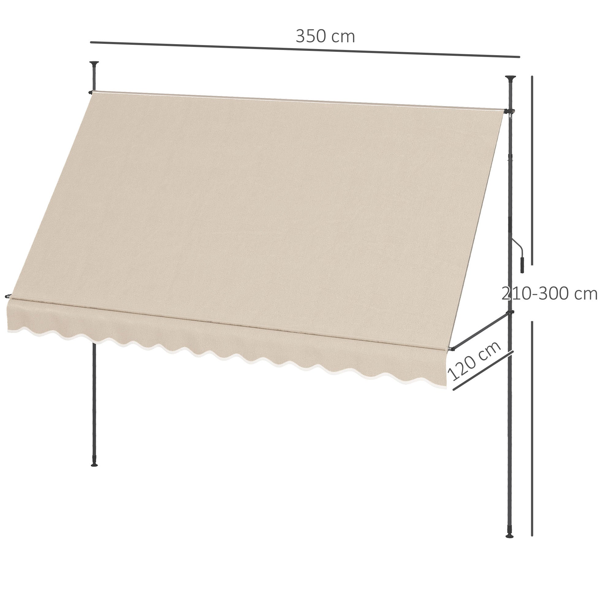 Self-supporting manual awning retractable sun protection 3.5L x 1.2W x 2.1-3H m Adjustable tilt for balcony without drilling Metal Aluminum Polyester Sand