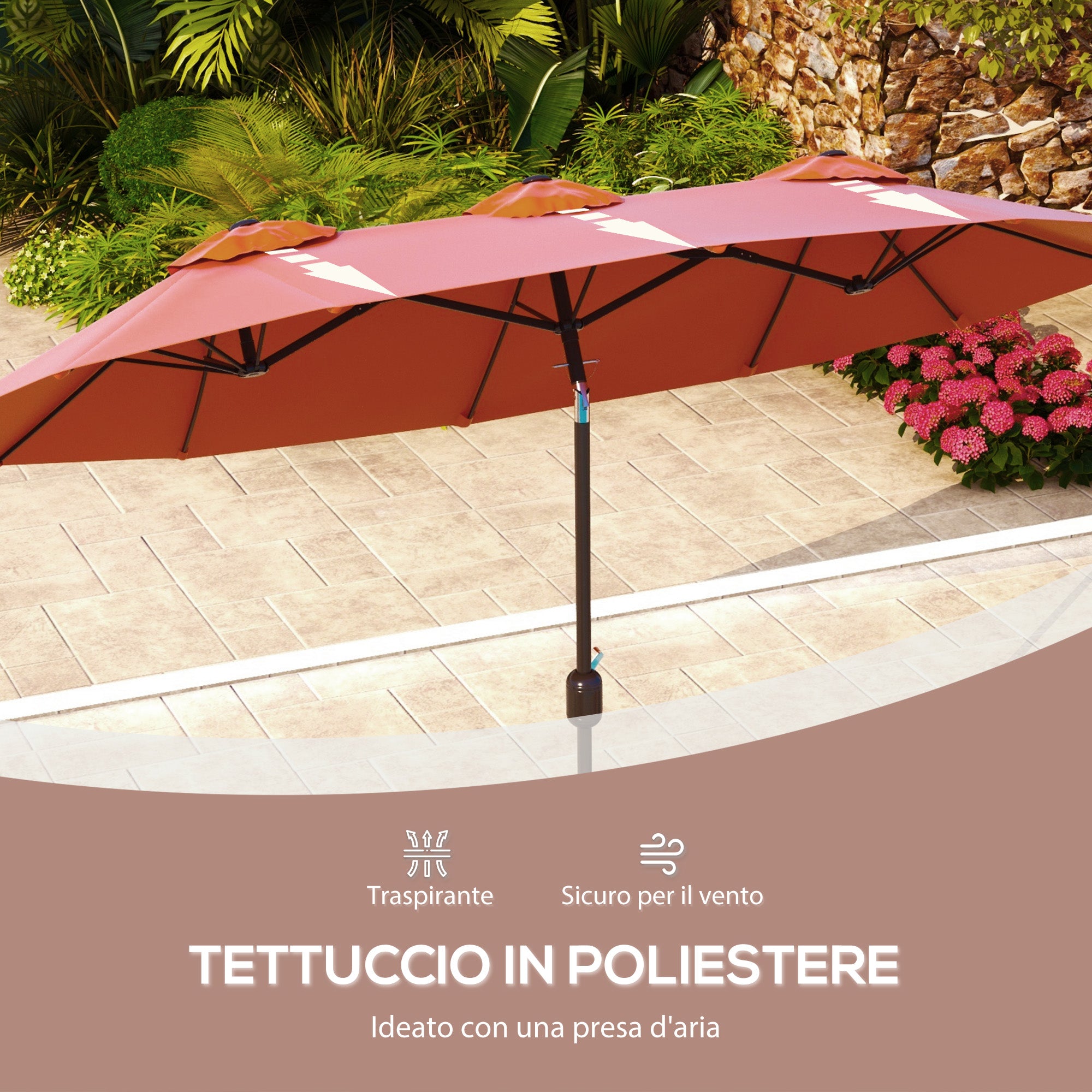 Double Garden Umbrella Tilted at 45° with Crank and 3 Air Vents, Outdoor Umbrella in Steel and Polyester, 295x152x222 cm, Rust Red