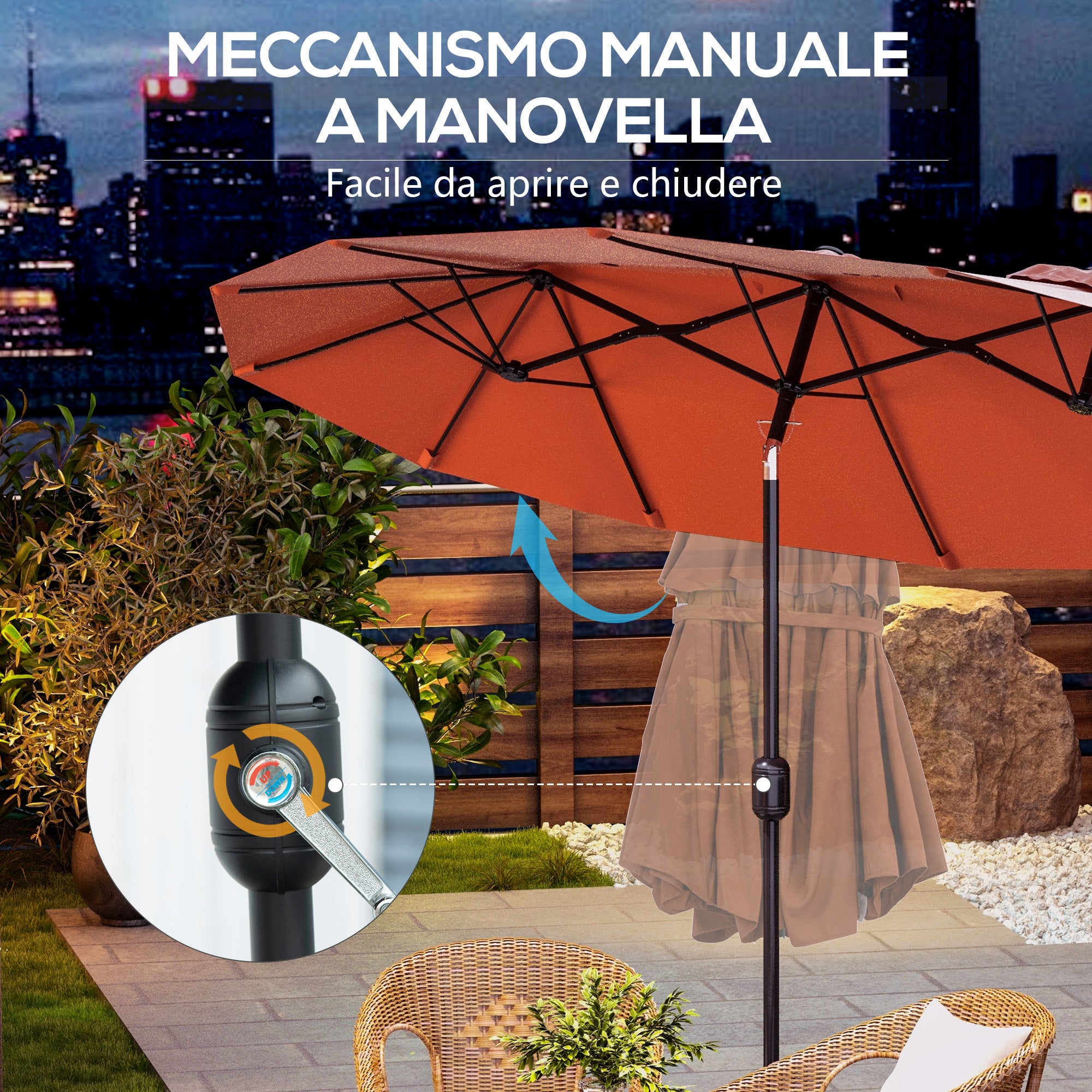 Double Garden Umbrella Tilted at 45° with Crank and 3 Air Vents, Outdoor Umbrella in Steel and Polyester, 295x152x222 cm, Rust Red