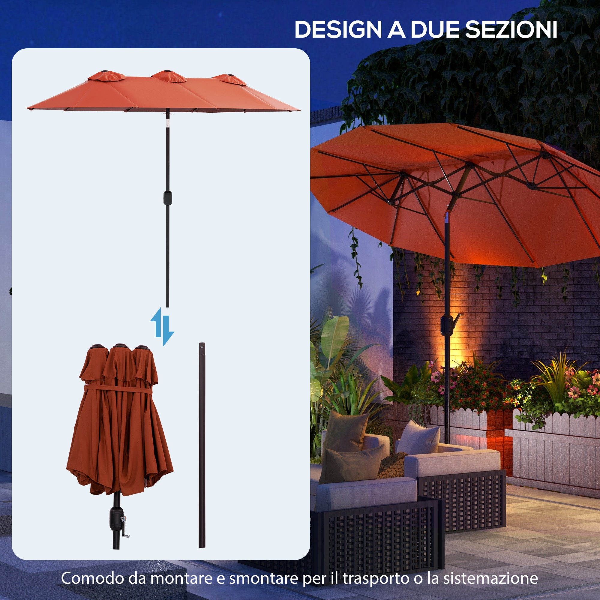 Double Garden Umbrella Tilted at 45° with Crank and 3 Air Vents, Outdoor Umbrella in Steel and Polyester, 295x152x222 cm, Rust Red