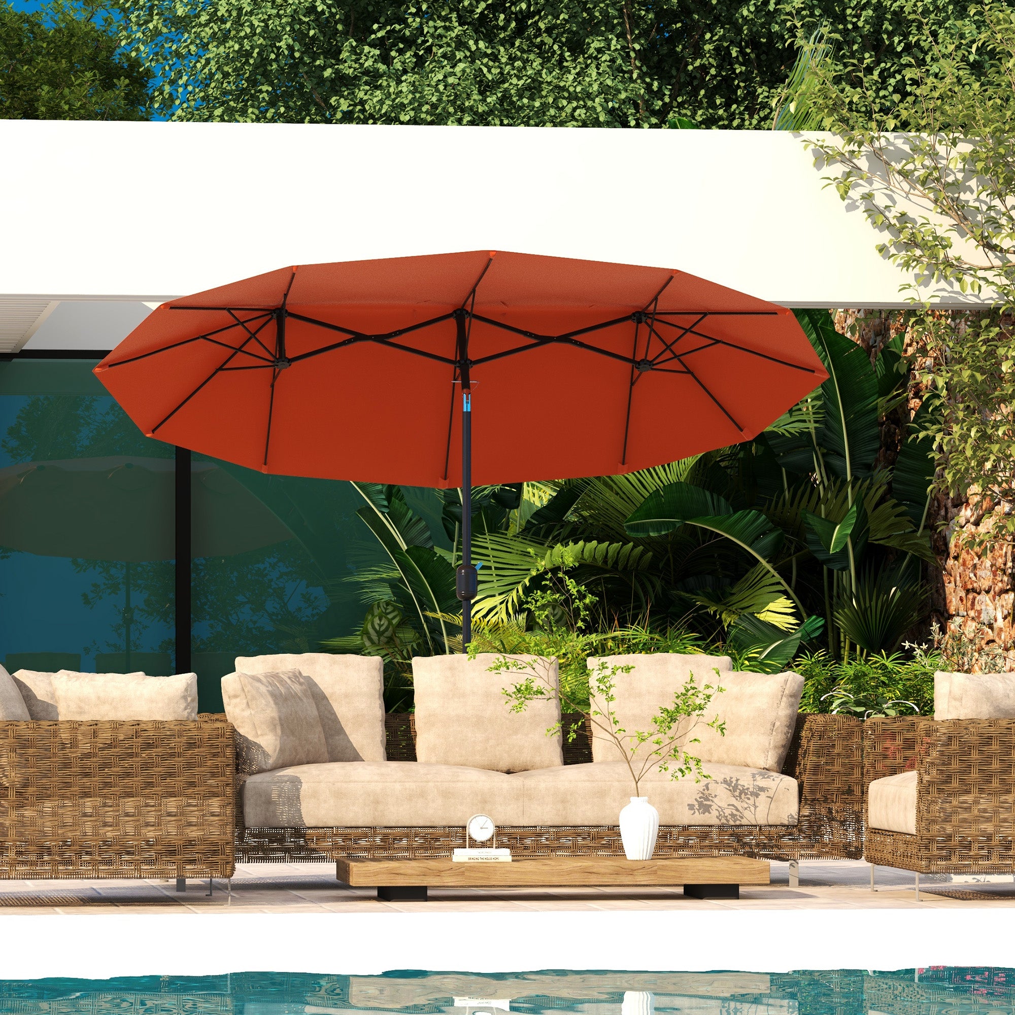 Double Garden Umbrella Tilted at 45° with Crank and 3 Air Vents, Outdoor Umbrella in Steel and Polyester, 295x152x222 cm, Rust Red