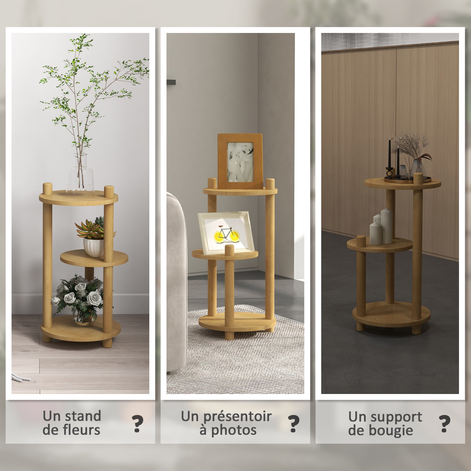 Wooden Plant Stand Pedestal 3-Tier Round Flower Shelves Flower Pot Stand 41L x 39W x 68H cm