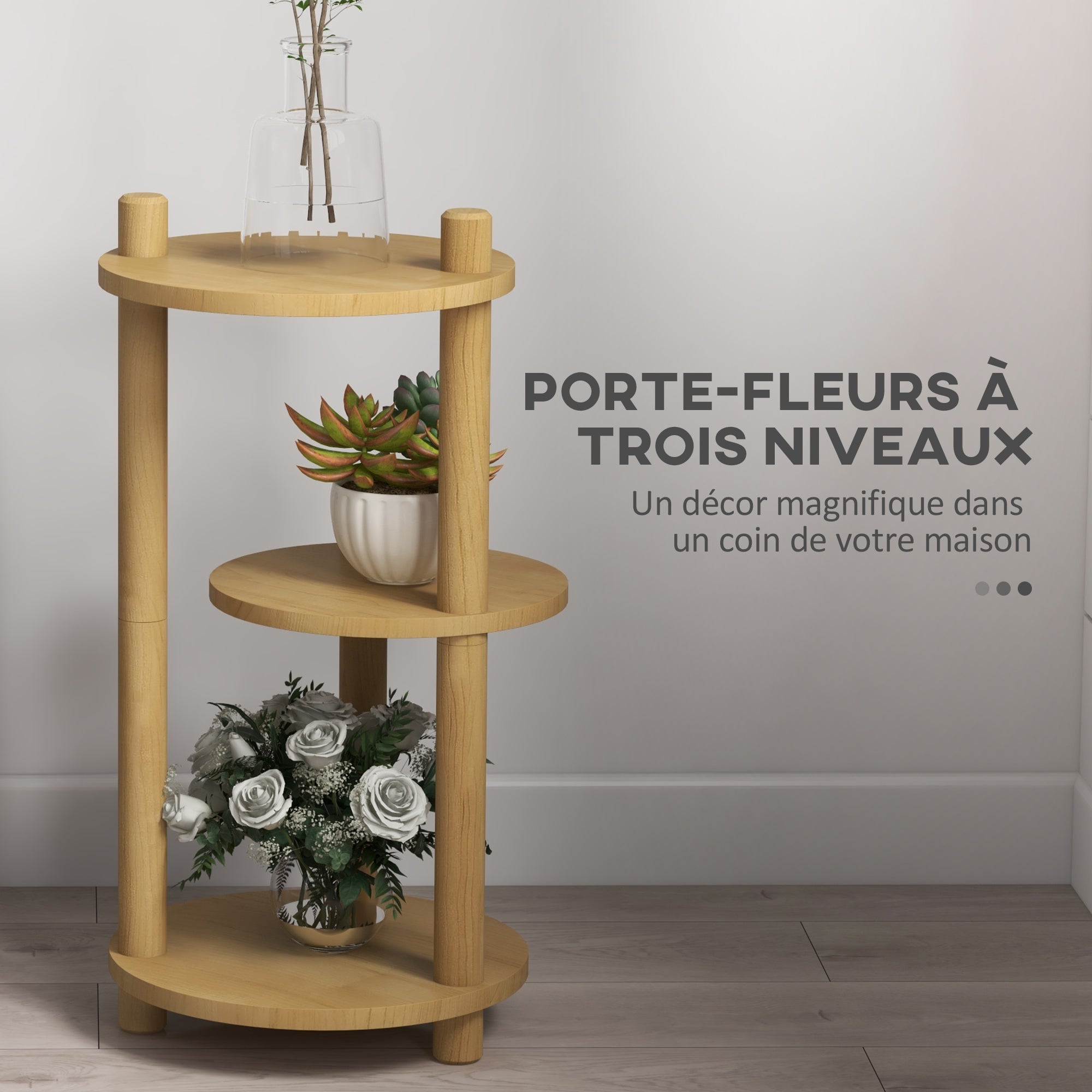 Wooden Plant Stand Pedestal 3-Tier Round Flower Shelves Flower Pot Stand 41L x 39W x 68H cm