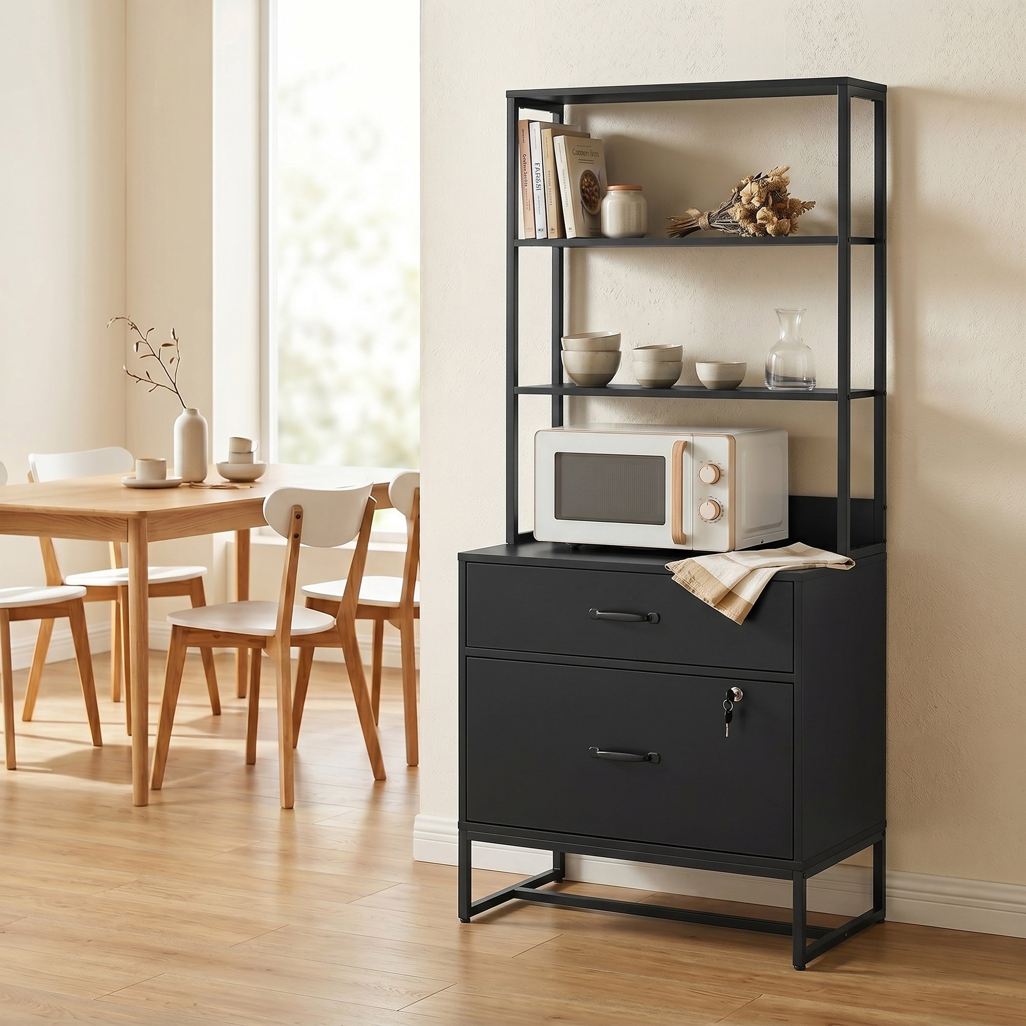 Filing Cabinet Office Storage with Bookshelf for A4, Letter & Legal Files, 2 Drawers, Printer Stand, Black