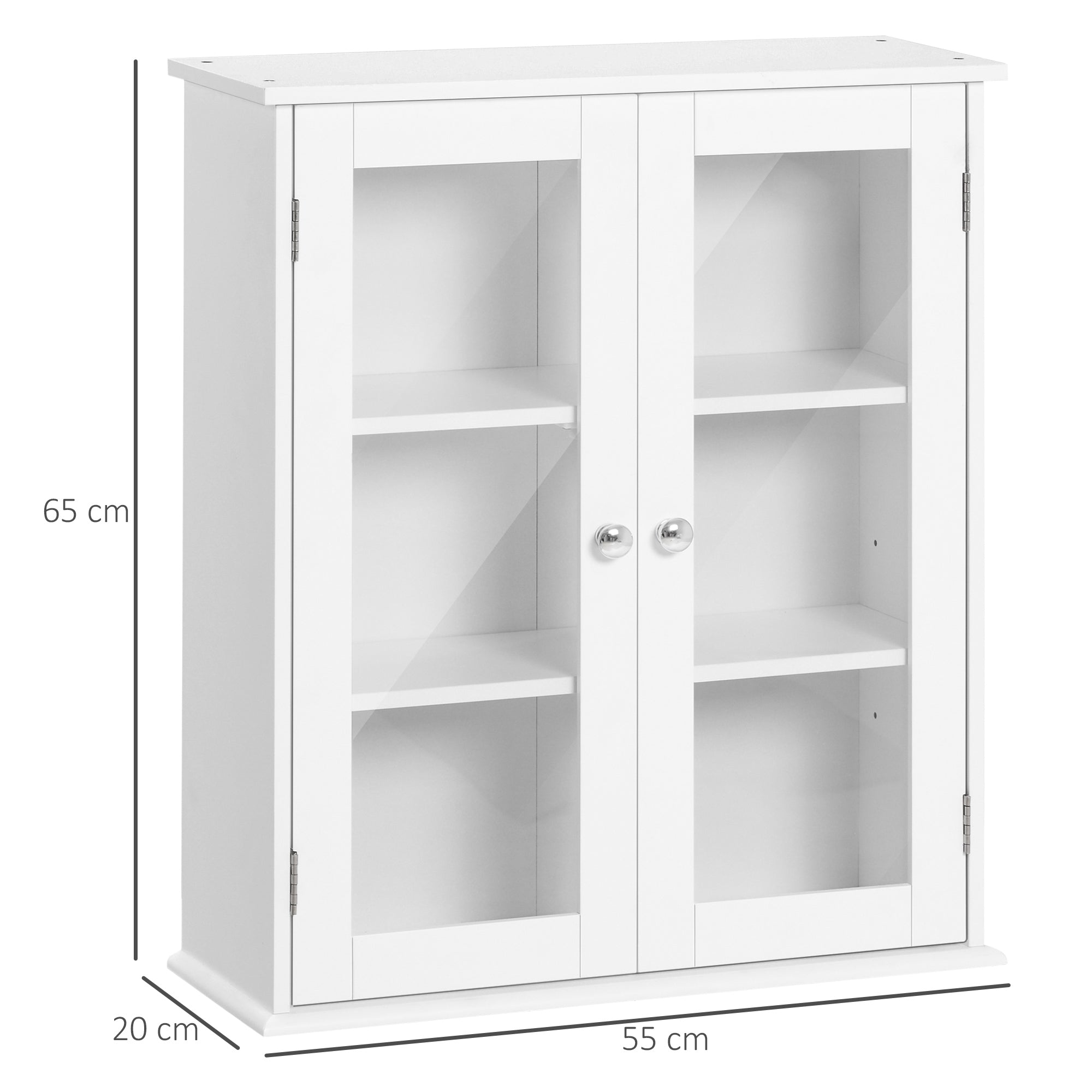 Bathroom Cabinet Wall Mounted Cabinet 2 Doors Made of Wood and Glass, Wall-Mounted Multi-Function Cabinet with Adjustable Shelf and Magnetic Lock, 55x20x65 cm, White