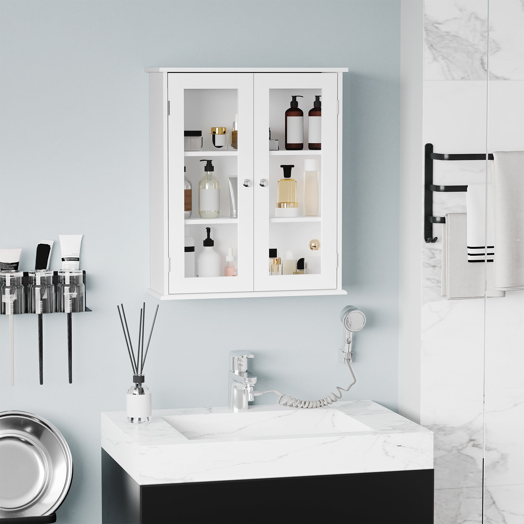 Bathroom Cabinet Wall Mounted Cabinet 2 Doors Made of Wood and Glass, Wall-Mounted Multi-Function Cabinet with Adjustable Shelf and Magnetic Lock, 55x20x65 cm, White