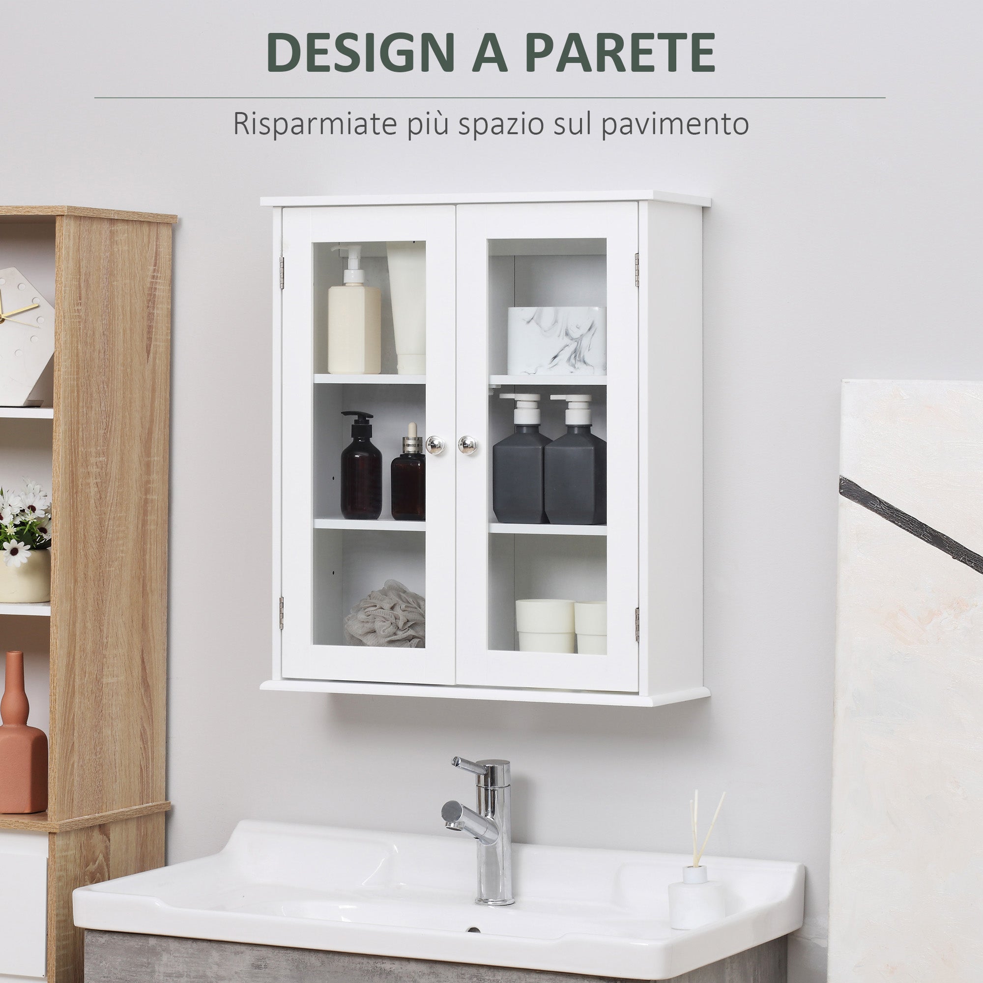 Bathroom Cabinet Wall Mounted Cabinet 2 Doors Made of Wood and Glass, Wall-Mounted Multi-Function Cabinet with Adjustable Shelf and Magnetic Lock, 55x20x65 cm, White