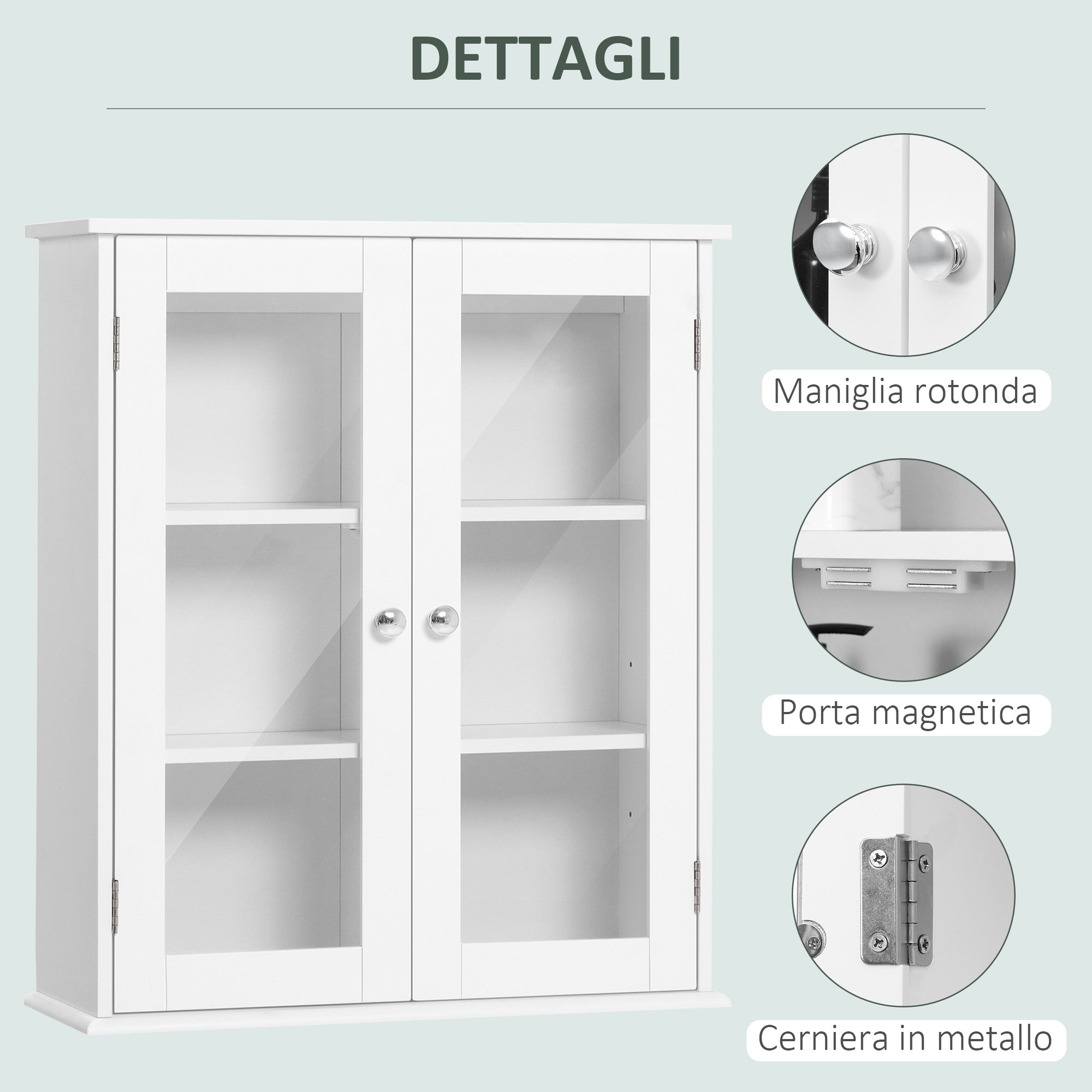 Bathroom Cabinet Wall Mounted Cabinet 2 Doors Made of Wood and Glass, Wall-Mounted Multi-Function Cabinet with Adjustable Shelf and Magnetic Lock, 55x20x65 cm, White