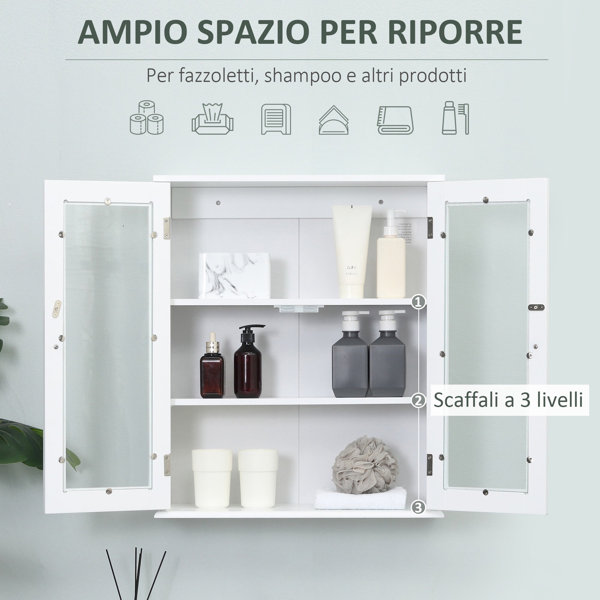 Bathroom Cabinet Wall Mounted Cabinet 2 Doors Made of Wood and Glass, Wall-Mounted Multi-Function Cabinet with Adjustable Shelf and Magnetic Lock, 55x20x65 cm, White
