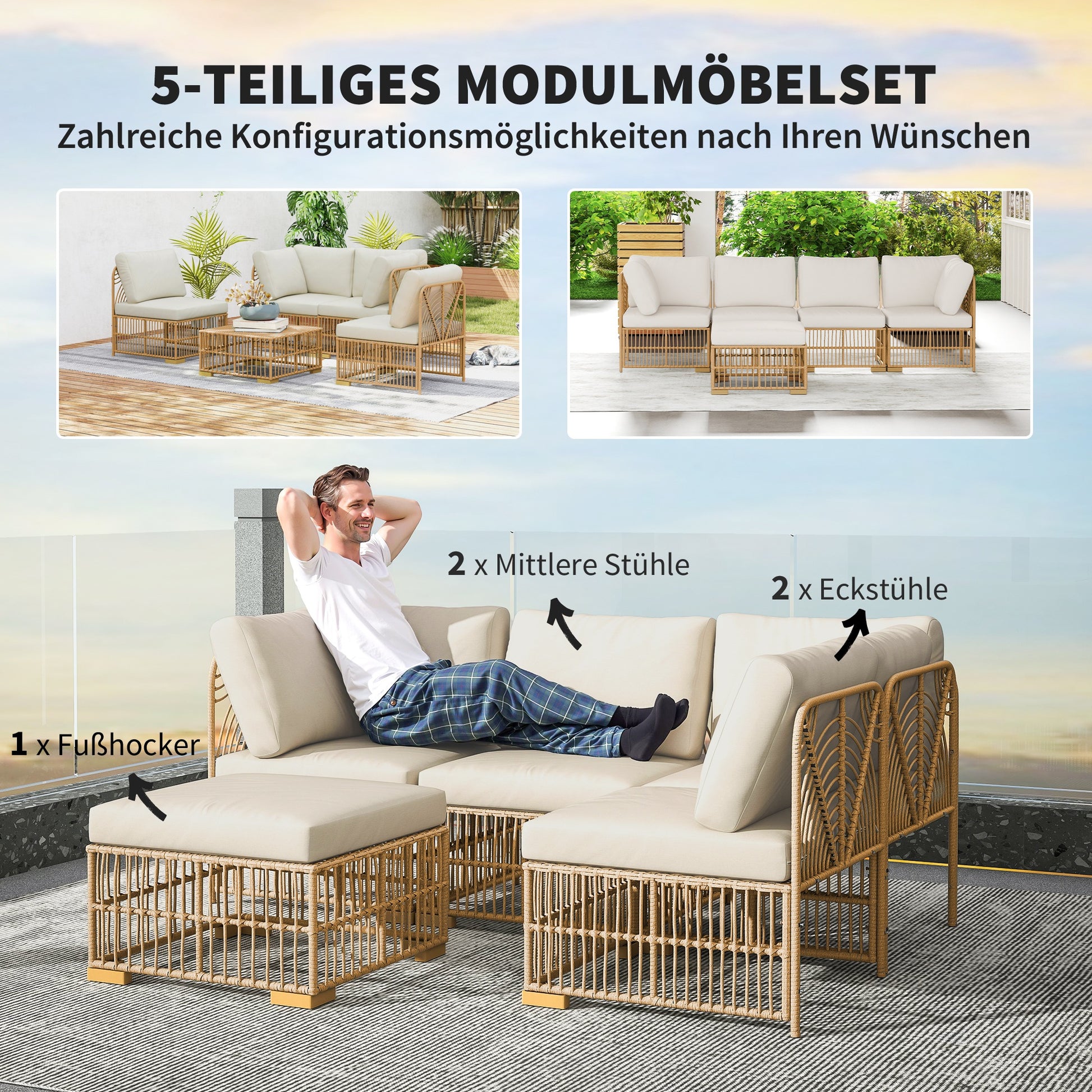 corner lounge set made of polyrattan garden furniture set with corner sofa chair footstool cushions weatherproof garden lounge for 5 persons balcony furniture outdoor seating group for garden balcony natural wood+cream white