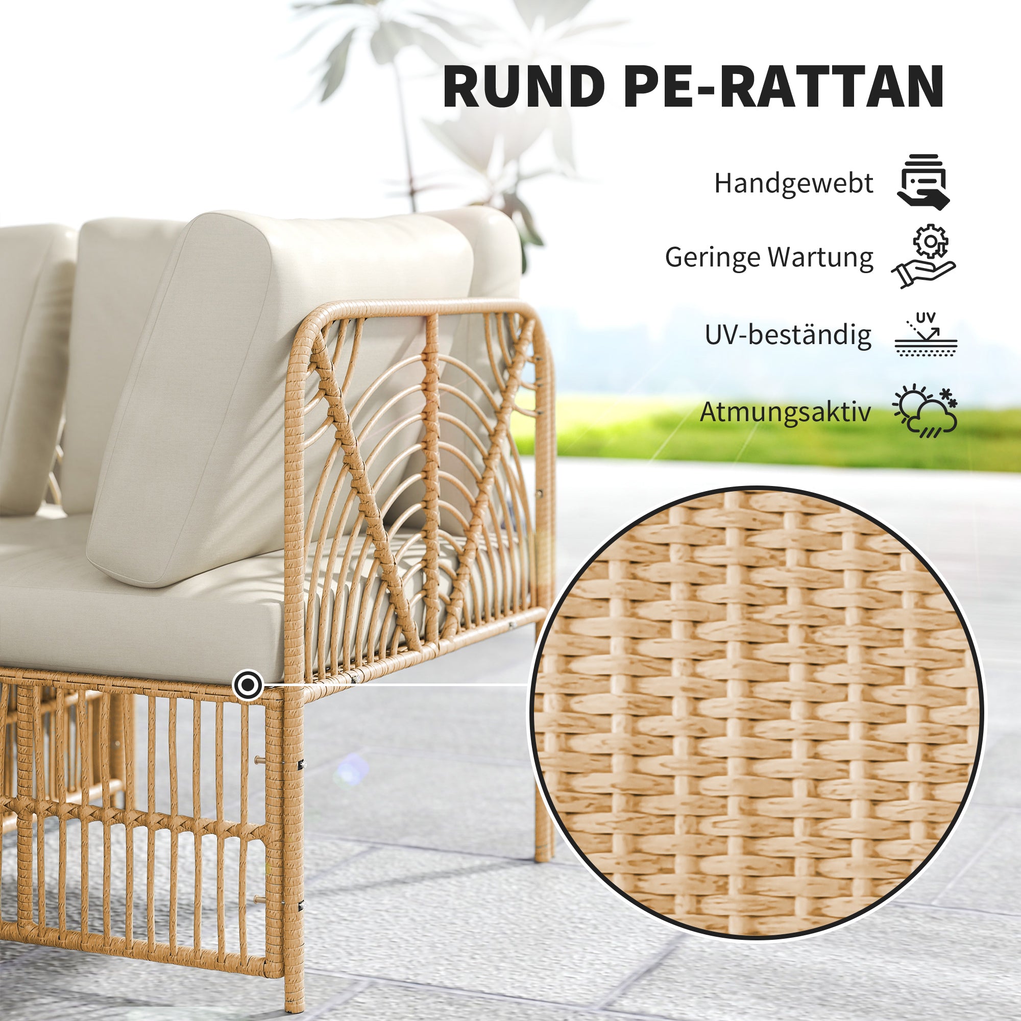 corner lounge set made of polyrattan garden furniture set with corner sofa chair footstool cushions weatherproof garden lounge for 5 persons balcony furniture outdoor seating group for garden balcony natural wood+cream white