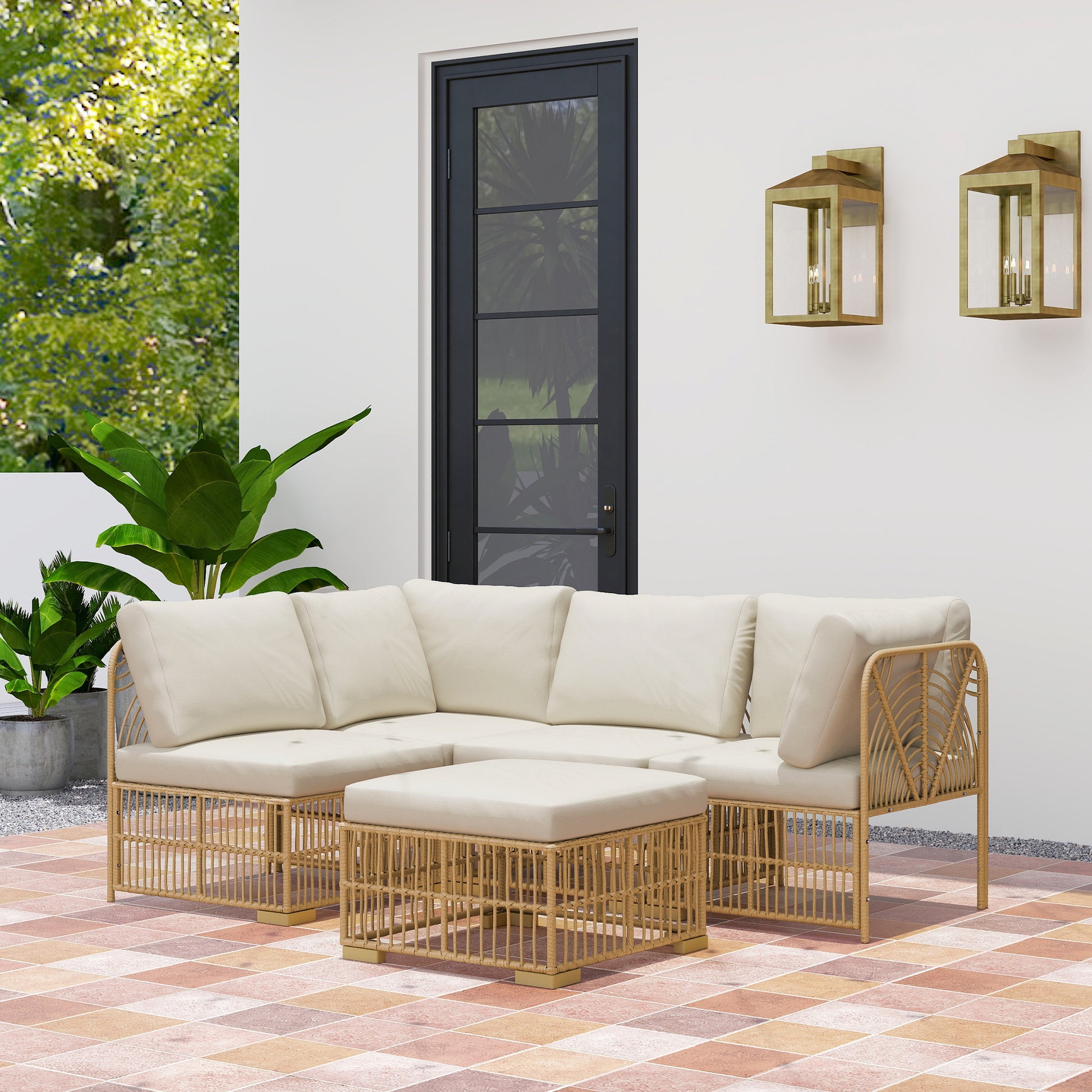 corner lounge set made of polyrattan garden furniture set with corner sofa chair footstool cushions weatherproof garden lounge for 5 persons balcony furniture outdoor seating group for garden balcony natural wood+cream white