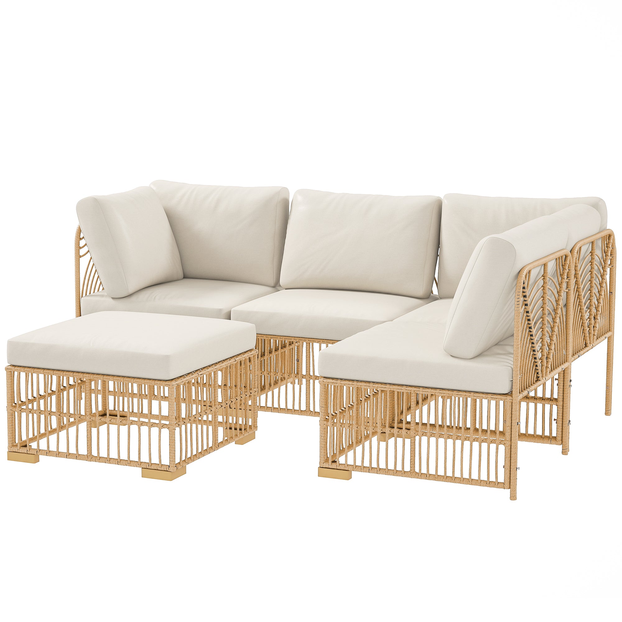 corner lounge set made of polyrattan garden furniture set with corner sofa chair footstool cushions weatherproof garden lounge for 5 persons balcony furniture outdoor seating group for garden balcony natural wood+cream white