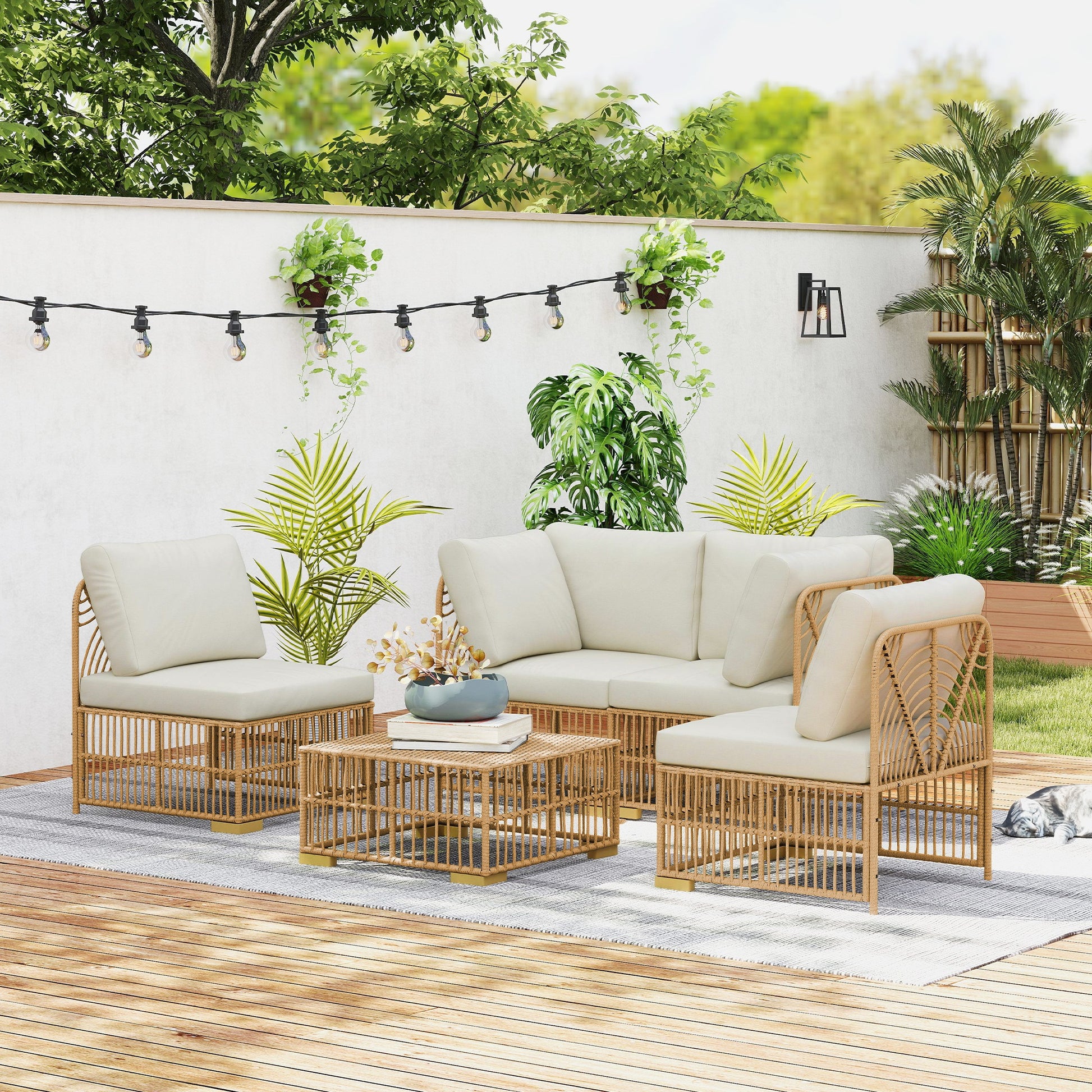 corner lounge set made of polyrattan garden furniture set with corner sofa chair footstool cushions weatherproof garden lounge for 5 persons balcony furniture outdoor seating group for garden balcony natural wood+cream white