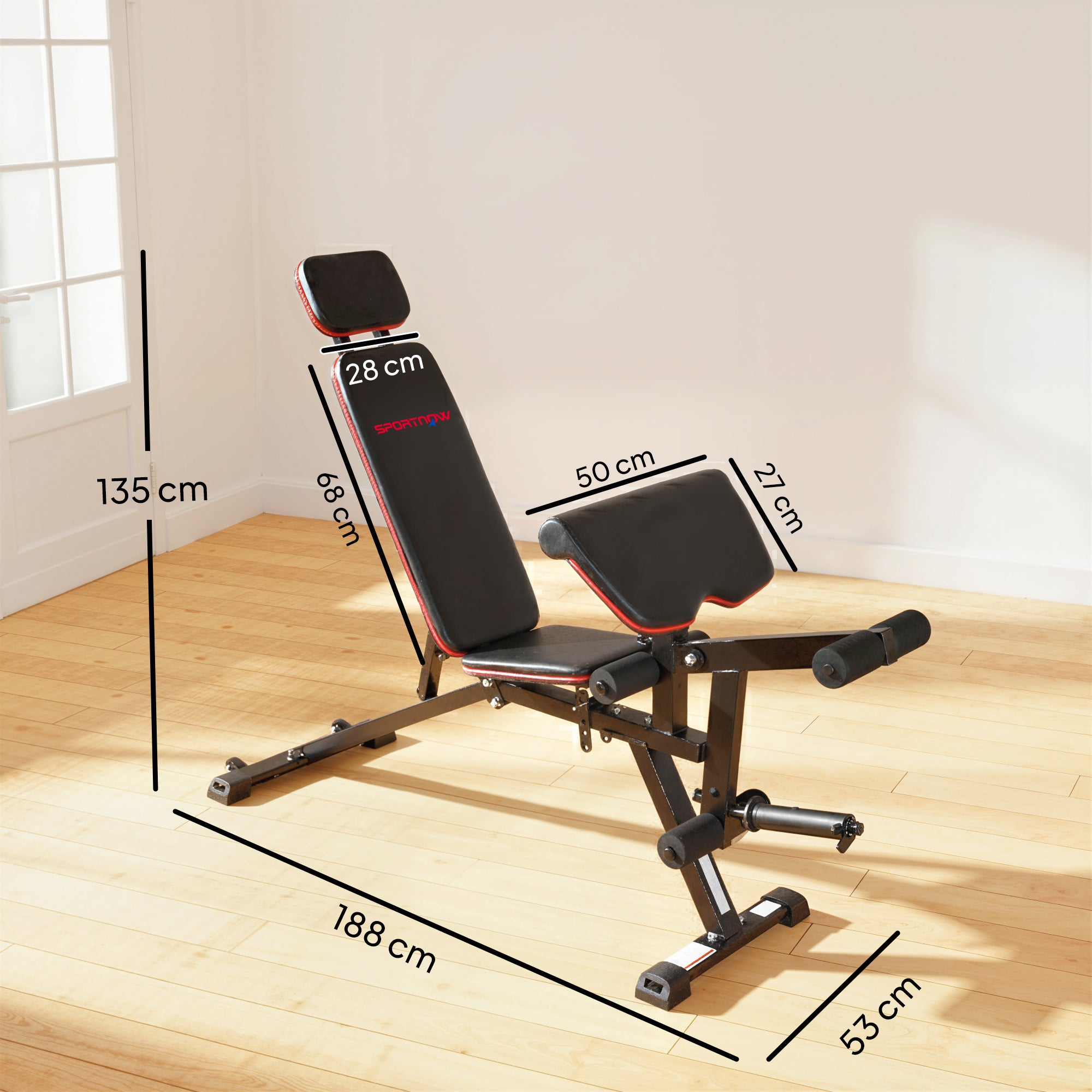 SPORTNOW 3-in-1 Adjustable Weight Bench – Up to 926 lb (420 kg), Wheels, Leg Extension, Preacher Curl, Extended Headrest, Incline Bench with Resistance Bands – Home Gym