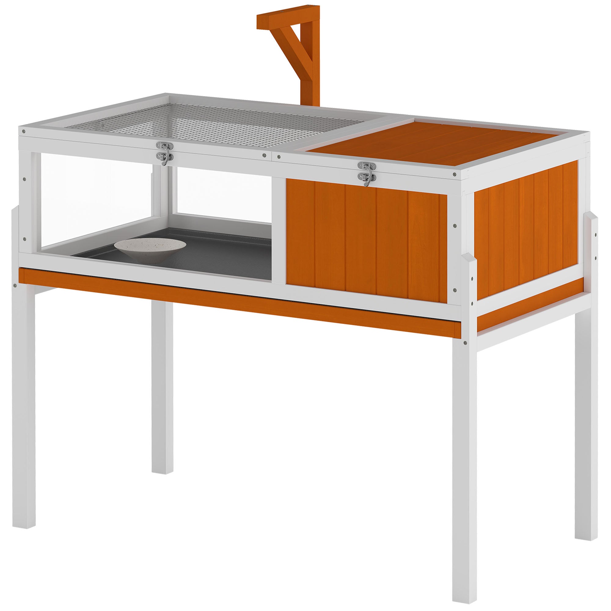 Raised Wooden Turtle Hutch with Viewing Window, Flip-Top Lid, Lamp Holder & Food Bowl – Indoor/Outdoor Enclosure, White & Orange, 104 x 53 x 82 cm (40.9 x 20.9 x 32.3 in)