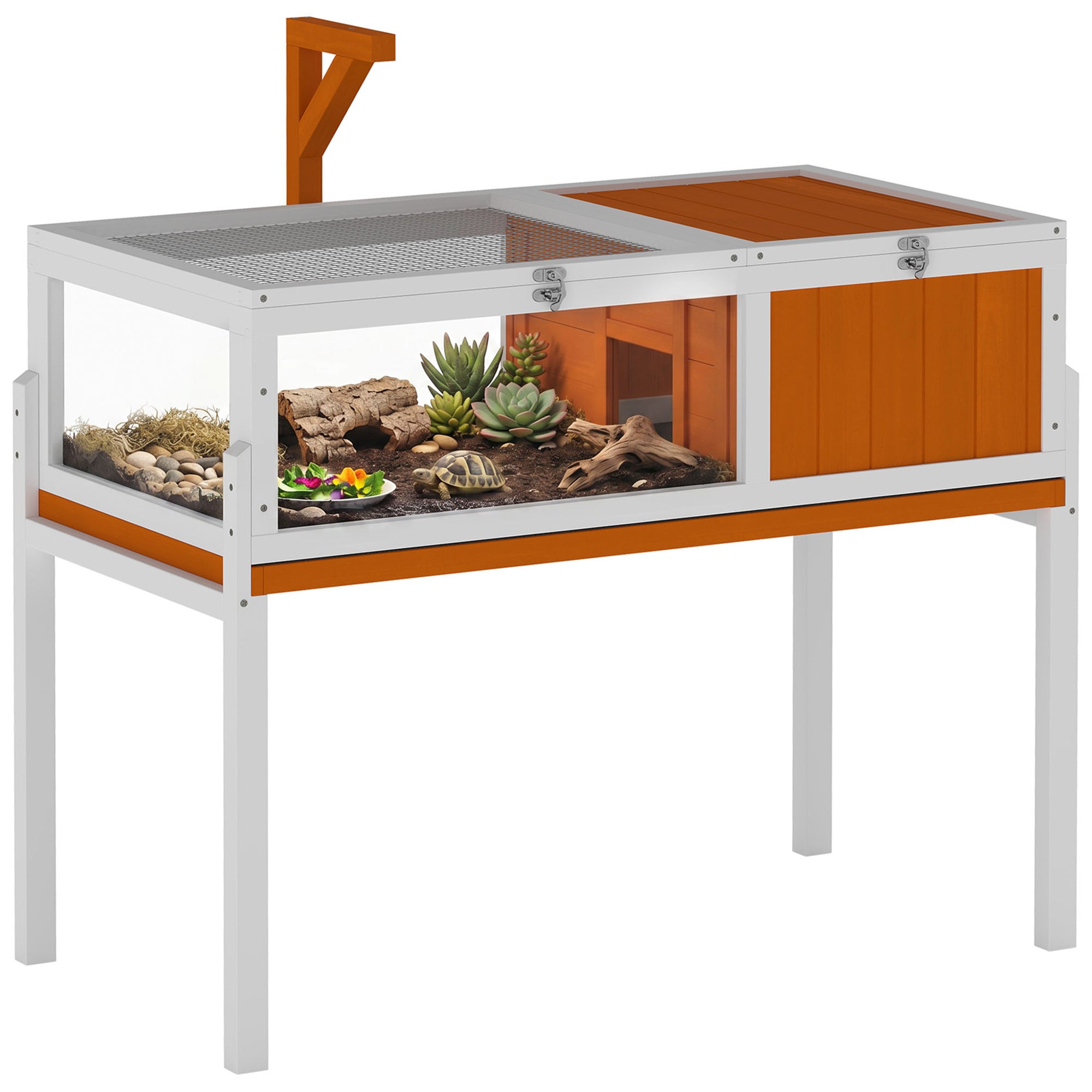 Raised Wooden Turtle Hutch with Viewing Window, Flip-Top Lid, Lamp Holder & Food Bowl – Indoor/Outdoor Enclosure, White & Orange, 104 x 53 x 82 cm (40.9 x 20.9 x 32.3 in)