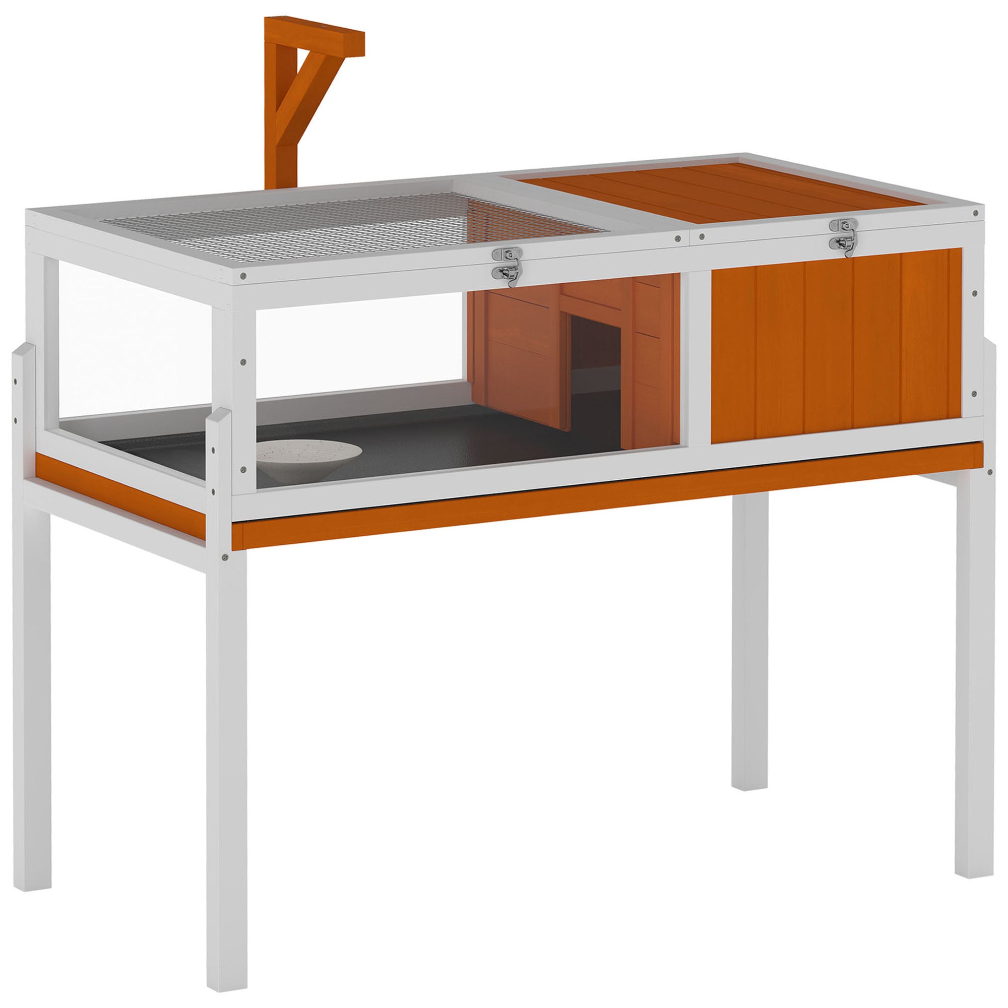 Raised Wooden Turtle Hutch with Viewing Window, Flip-Top Lid, Lamp Holder & Food Bowl – Indoor/Outdoor Enclosure, White & Orange, 104 x 53 x 82 cm (40.9 x 20.9 x 32.3 in)