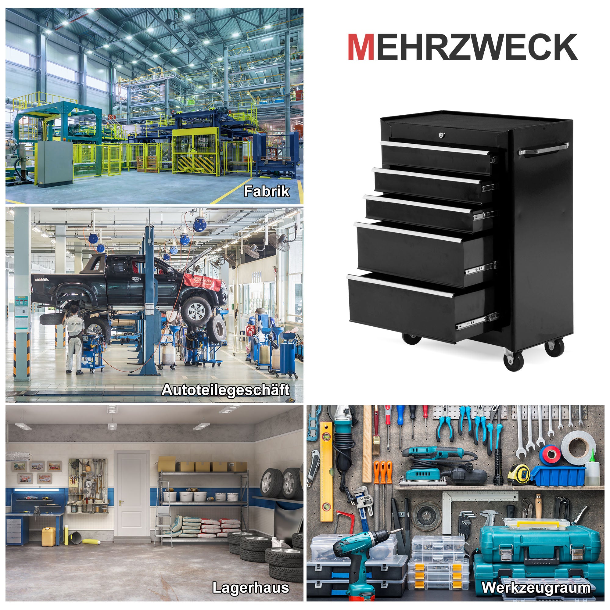 Workshop Trolley Tool Cart Empty Lockable with 5 Drawers, 2 Keys, Anti-slip Mats, Tool Cabinet Black