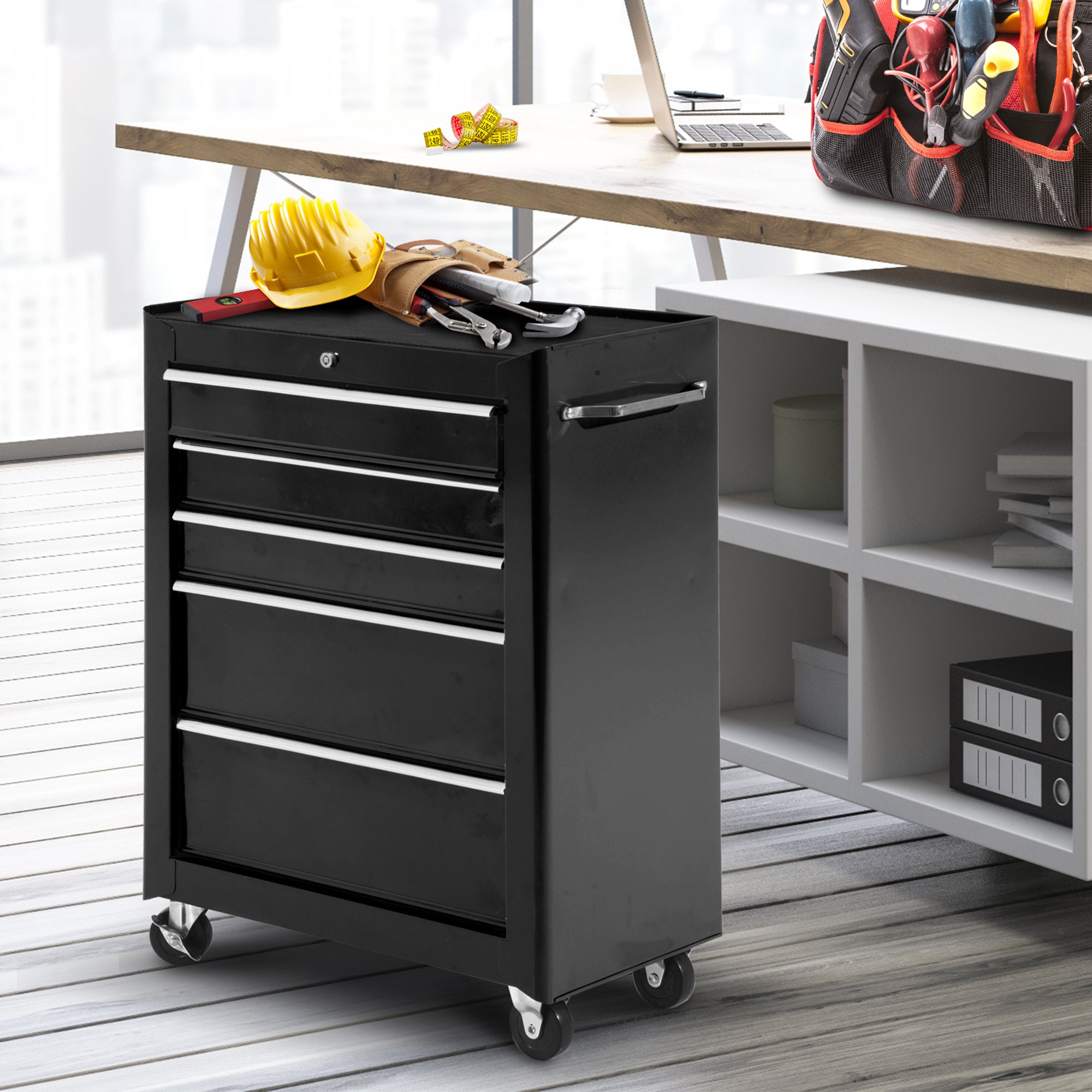 Workshop Trolley Tool Cart Empty Lockable with 5 Drawers, 2 Keys, Anti-slip Mats, Tool Cabinet Black