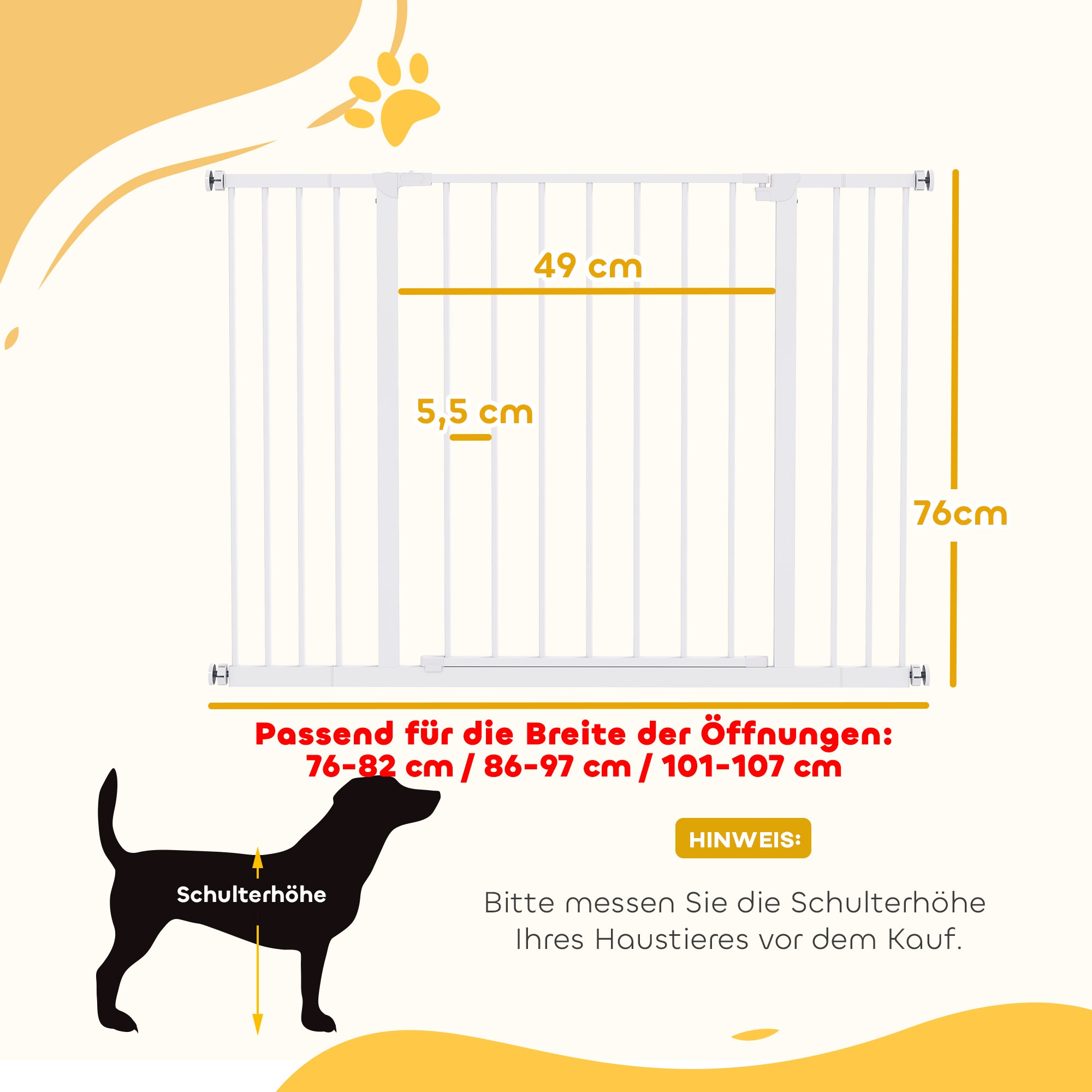 Door Safety Gate Stair Safety Gate with 10/15 cm Extension Door Gate without Drilling Stair Gate for Widths 76-82/86-97/101-107 cm One-Hand Opening Steel White