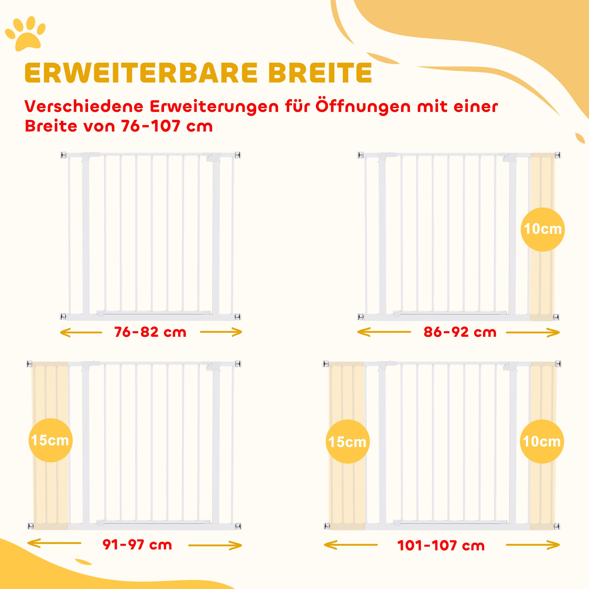 Door Safety Gate Stair Safety Gate with 10/15 cm Extension Door Gate without Drilling Stair Gate for Widths 76-82/86-97/101-107 cm One-Hand Opening Steel White