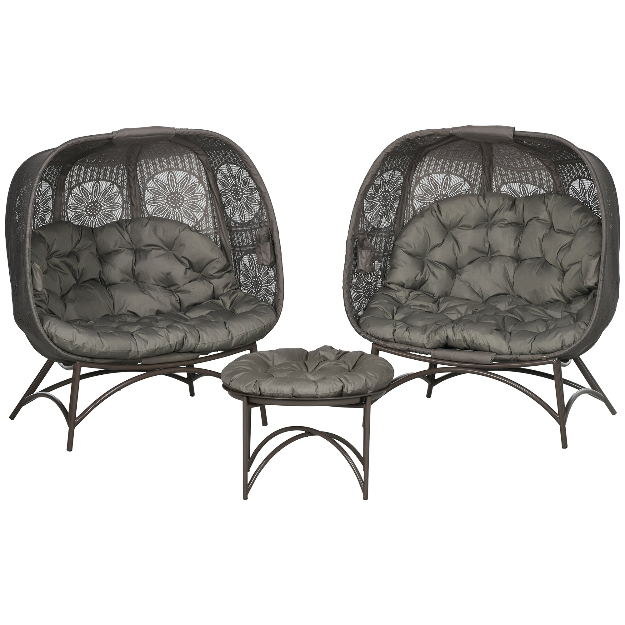 3 Piece Garden Chair Set, Wicker Chair with Folding Seat Basket, Coffee Table, Cushions, Lounge Chair for Terrace, Balcony, Steel, Sand