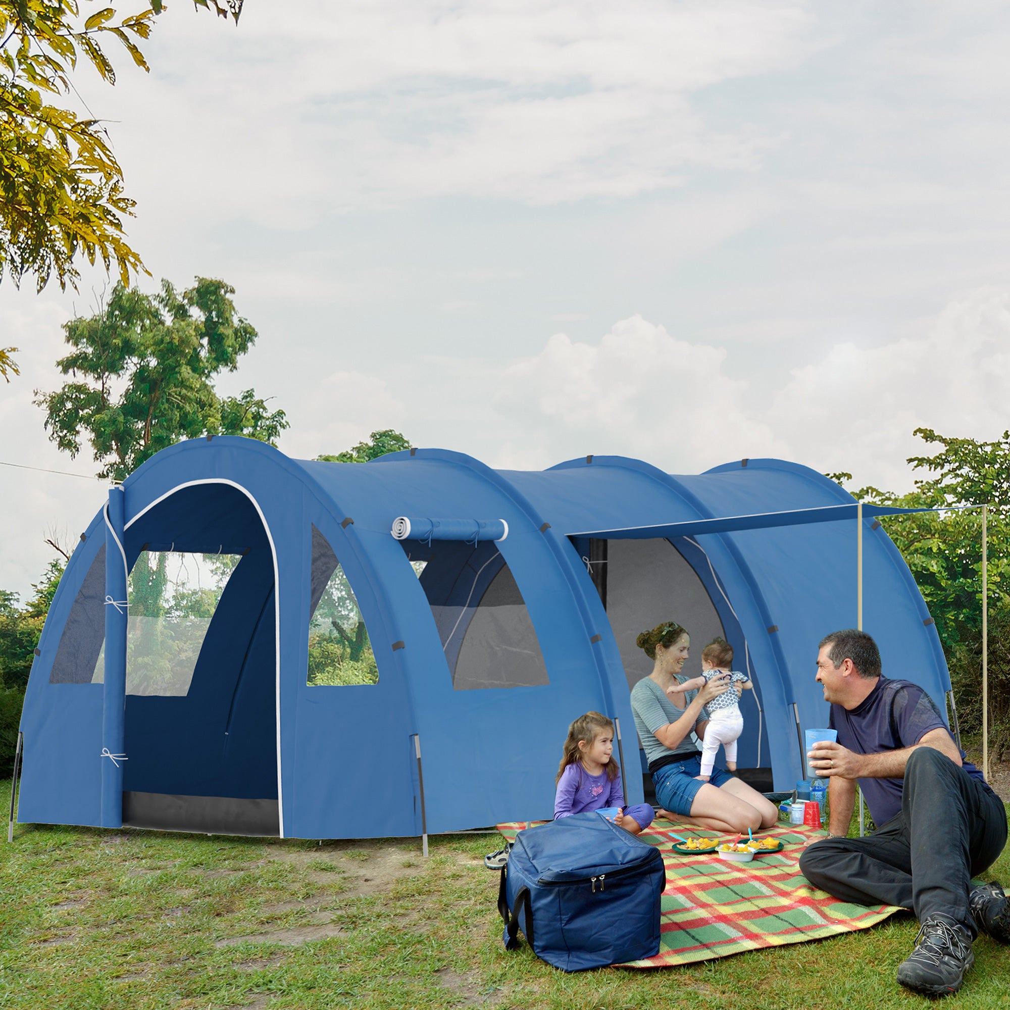 Camping Tent for 5-6 People with 2 Doors, Windows, and Storage Pockets Included, 475x315x215 cm, Blue
