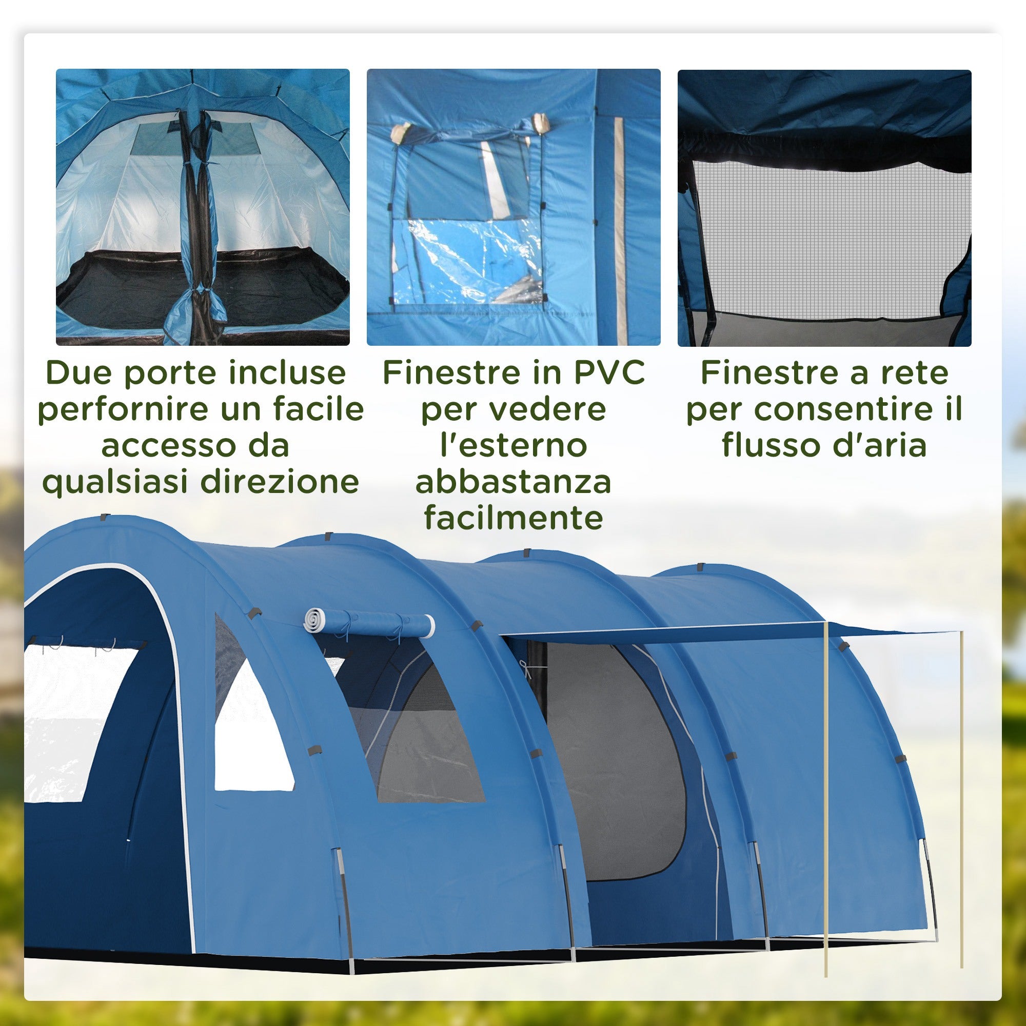 Camping Tent for 5-6 People with 2 Doors, Windows, and Storage Pockets Included, 475x315x215 cm, Blue