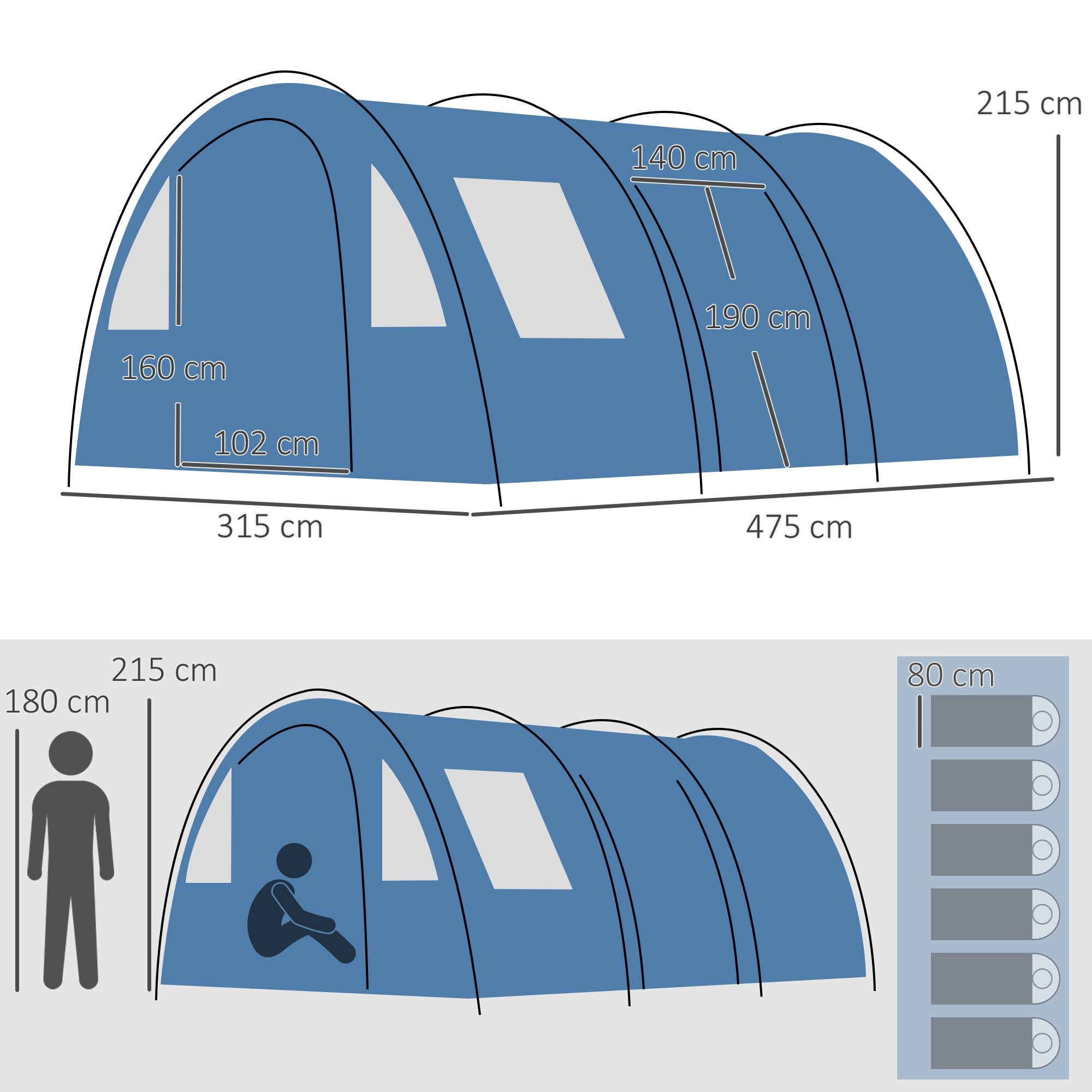 Camping Tent for 5-6 People with 2 Doors, Windows, and Storage Pockets Included, 475x315x215 cm, Blue