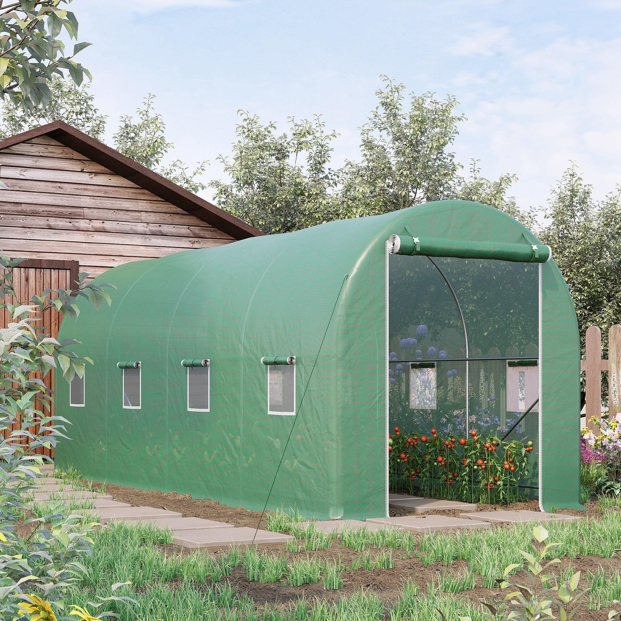 Greenhouse 500x200x205cm Film Greenhouse Tomato House with Door, 8 Windows, Film Tunnel Made of Galvanized Steel, PE, Stable Greenhouse Plant Tunnel, Including Ground Anchors & Ropes
