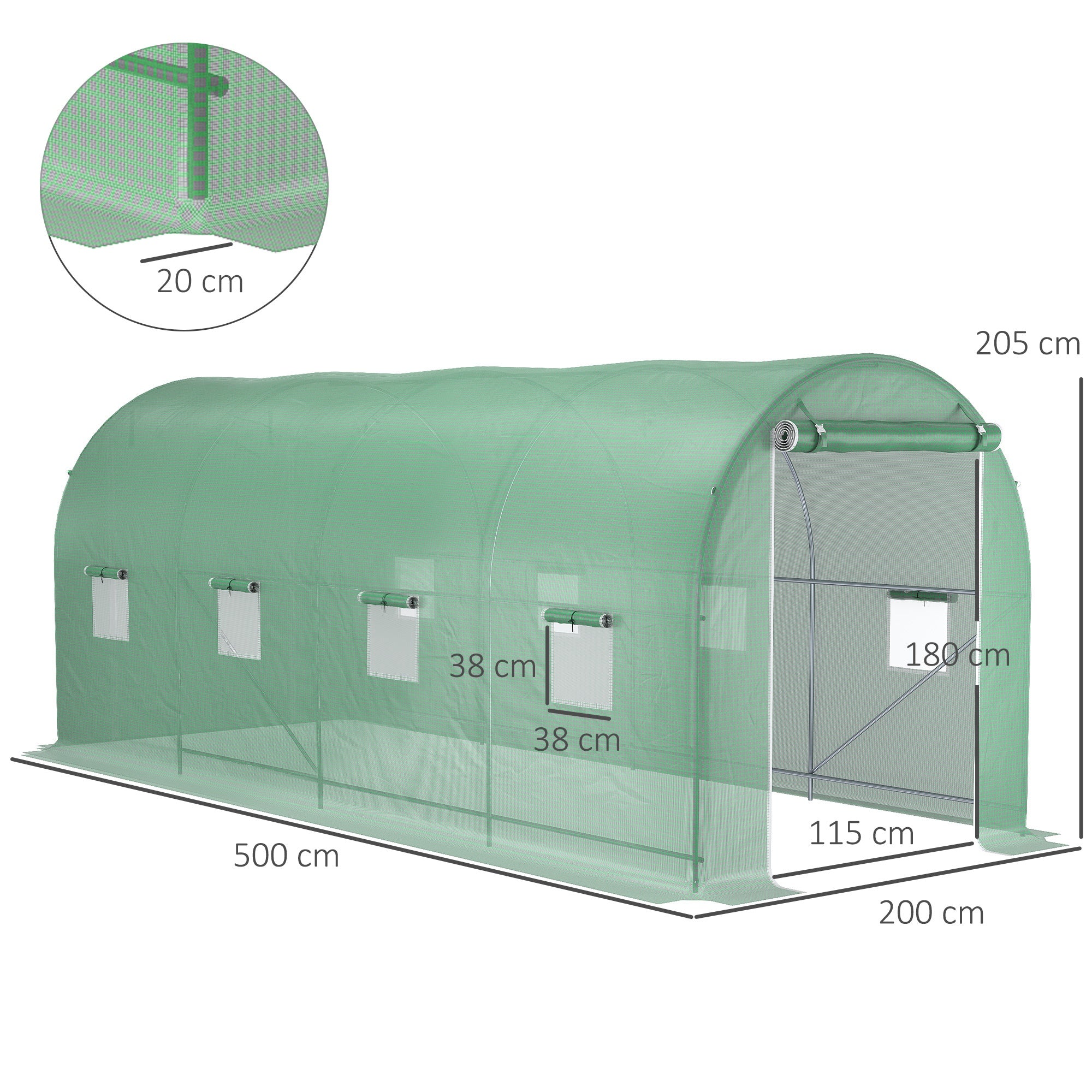 Greenhouse 500x200x205cm Film Greenhouse Tomato House with Door, 8 Windows, Film Tunnel Made of Galvanized Steel, PE, Stable Greenhouse Plant Tunnel, Including Ground Anchors & Ropes