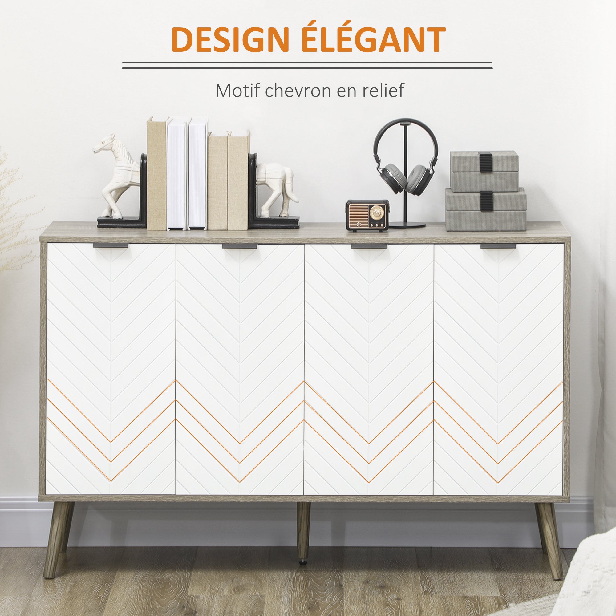 Low Sideboard, Storage Cabinet, Adjustable Shelves, 2 Cabinets, 4 Chevron Doors, for Kitchen, Dining Room, Living Room, 120 x 35 x 77.4 cm, White and Gray