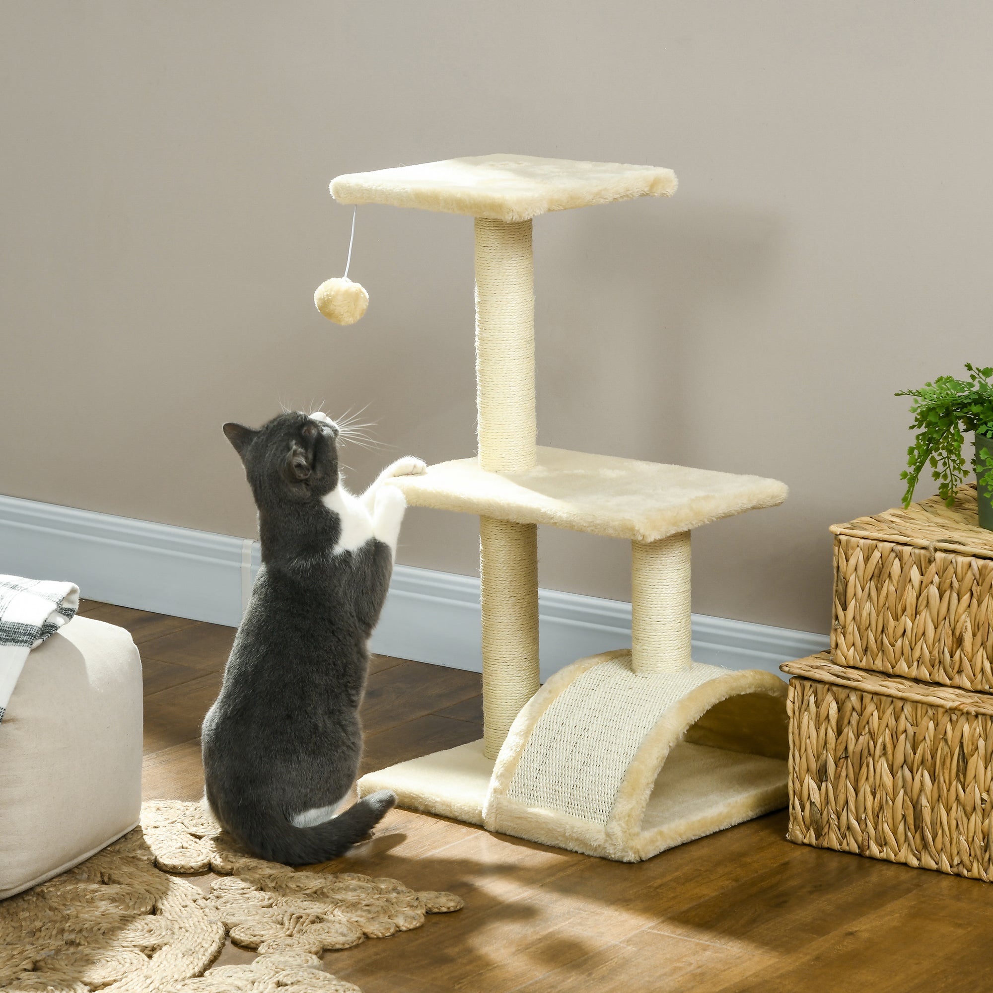 Cat Tree 72 cm Cat Tower with Plush Balls, Sisal Posts, Platform, Scratching Board Multi-Level Cat Scratching Tree, Climbing Tree, for Medium-Sized Cats, Cream White