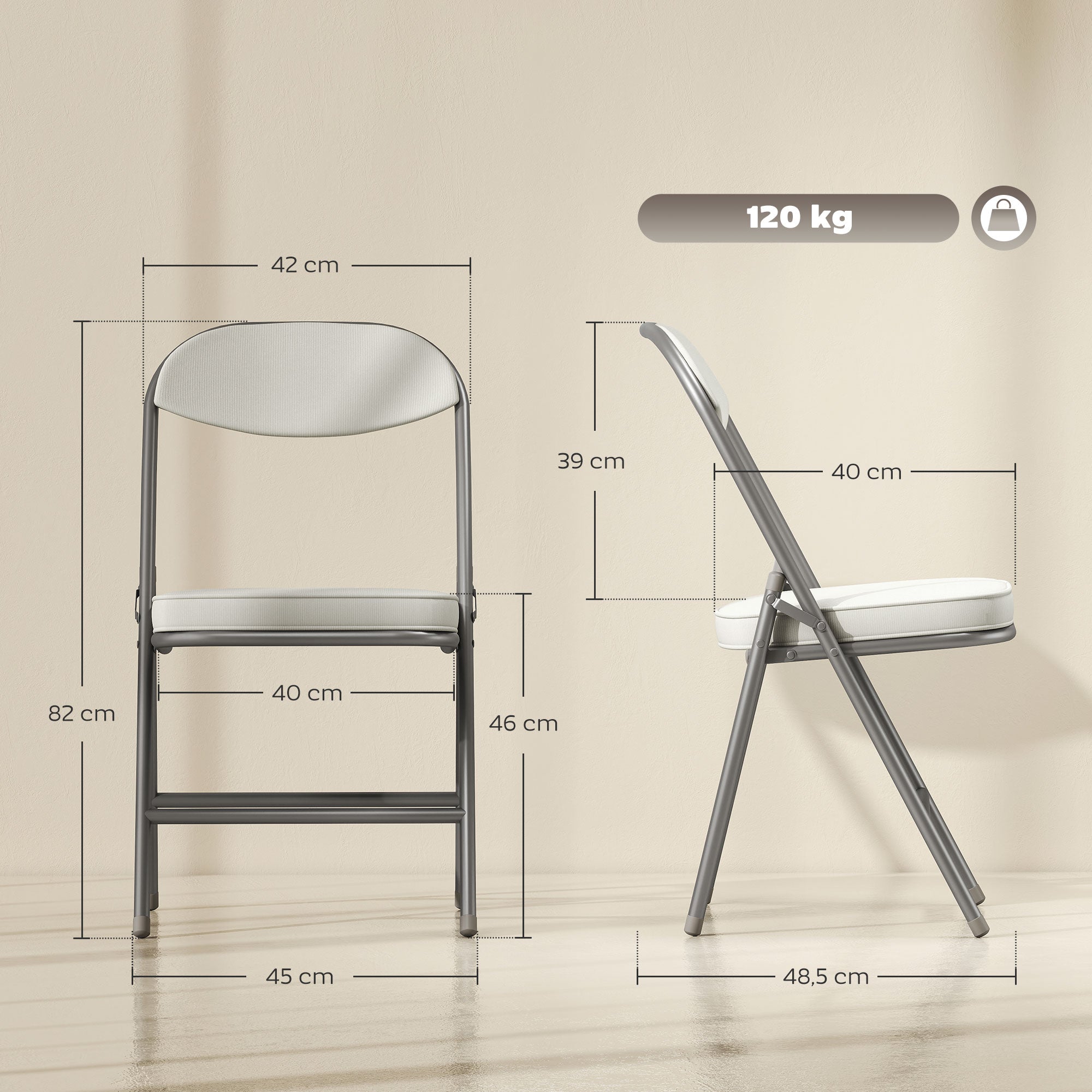 Folding Chair 4-Piece Set, Padded Back Camping Chair with Steel Frame, Kitchen Chair with Padding up to 120 kg Capacity for Guests, Office, Camping, Cream White