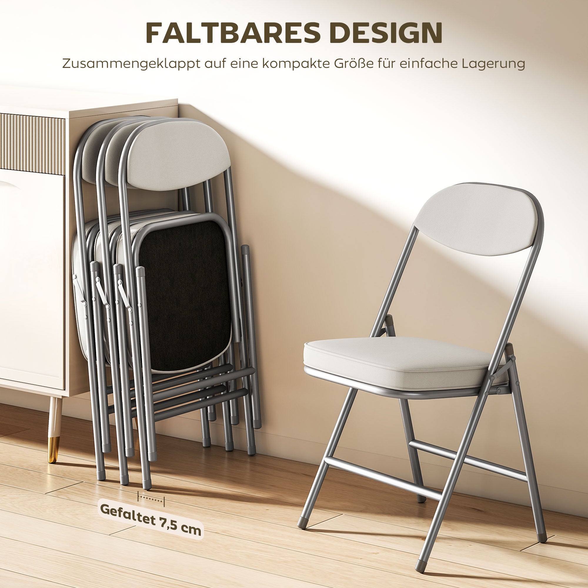 Folding Chair 4-Piece Set, Padded Back Camping Chair with Steel Frame, Kitchen Chair with Padding up to 120 kg Capacity for Guests, Office, Camping, Cream White