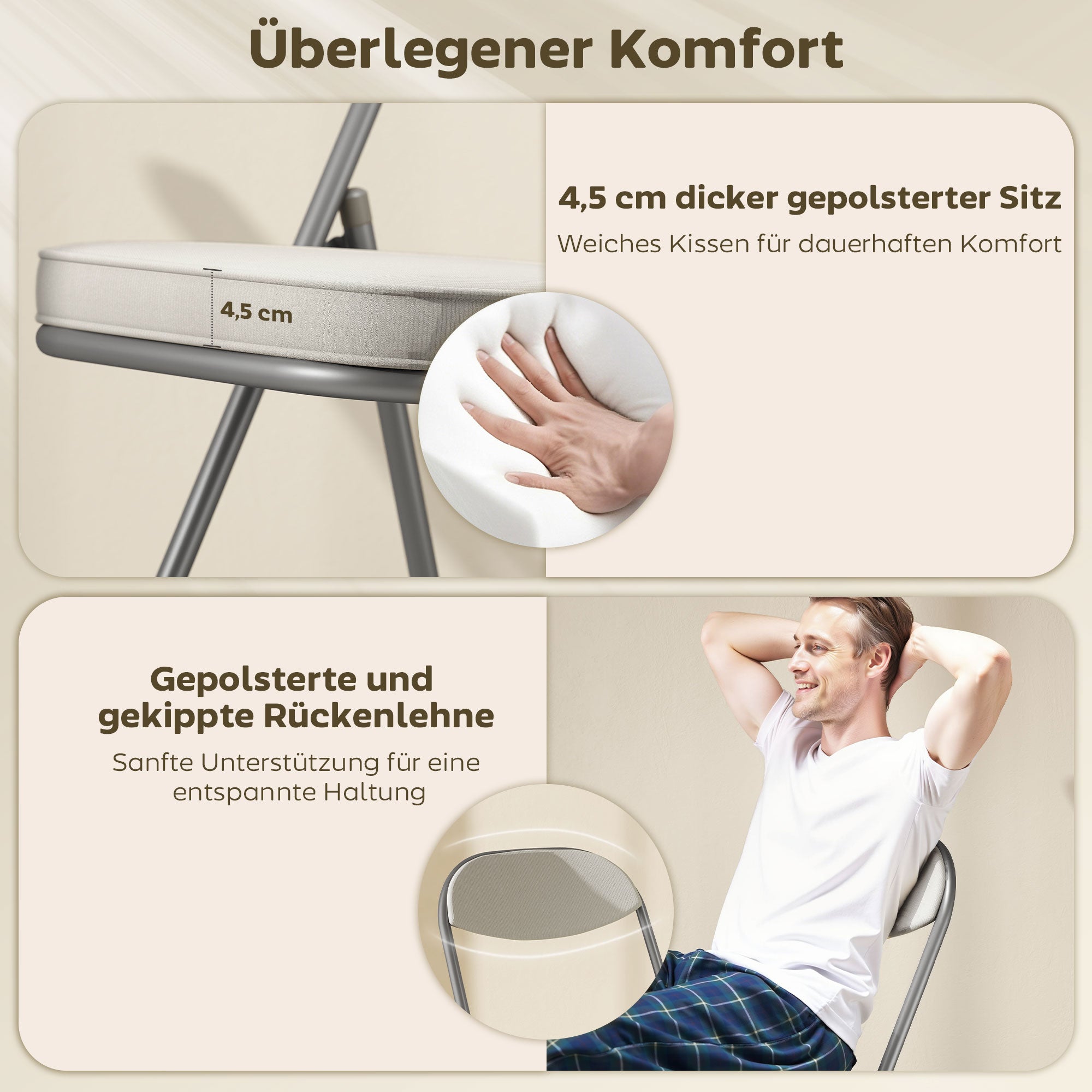 Folding Chair 4-Piece Set, Padded Back Camping Chair with Steel Frame, Kitchen Chair with Padding up to 120 kg Capacity for Guests, Office, Camping, Cream White