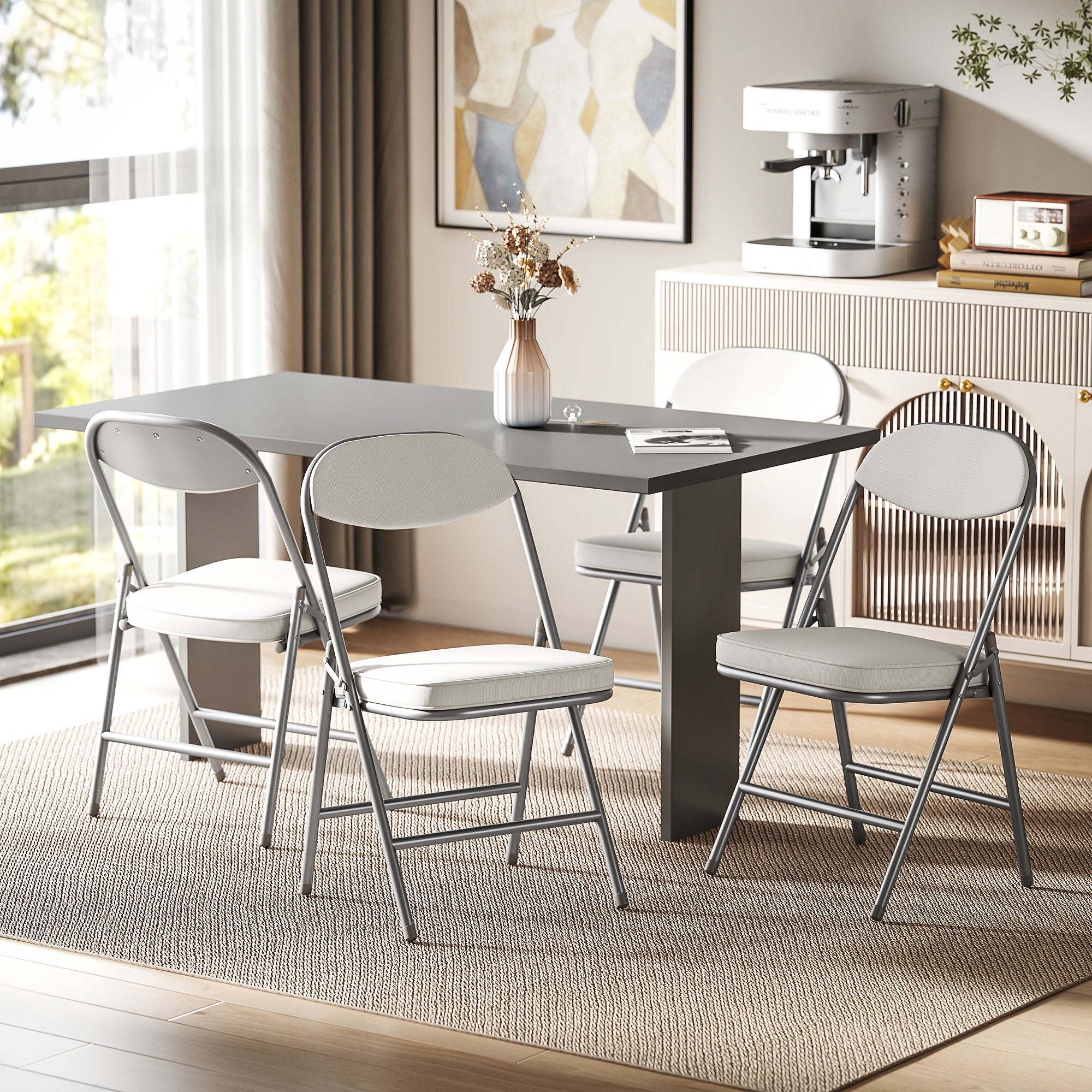 Folding Chair 4-Piece Set, Padded Back Camping Chair with Steel Frame, Kitchen Chair with Padding up to 120 kg Capacity for Guests, Office, Camping, Cream White