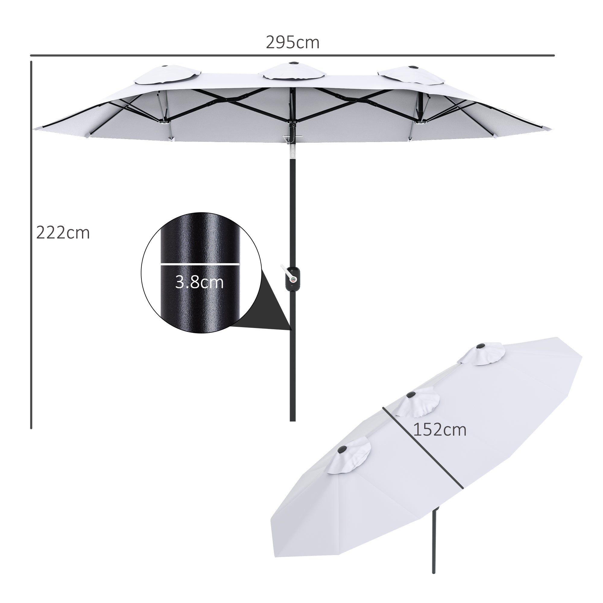 Double Garden Umbrella with 45° Tilt Crank and 3 Air Vents, Outdoor Umbrella in Steel and Polyester, 295x152x222 cm, Cream