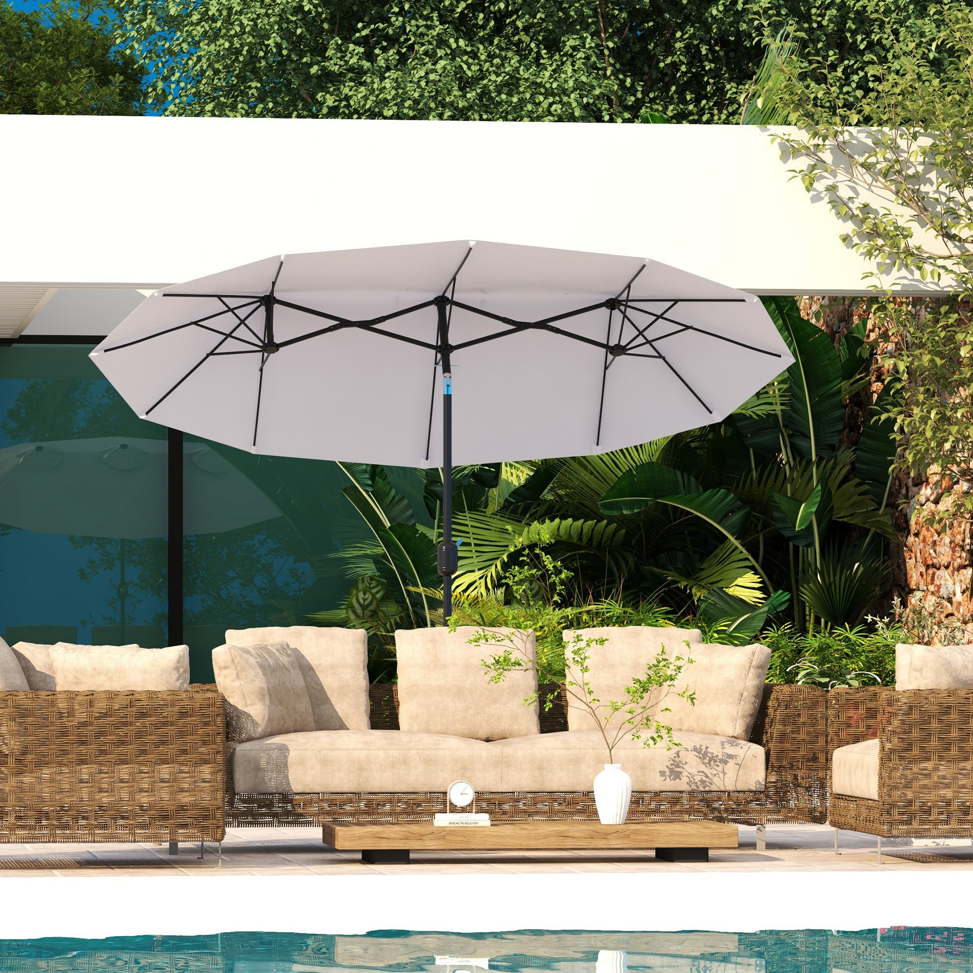 Double Garden Umbrella with 45° Tilt Crank and 3 Air Vents, Outdoor Umbrella in Steel and Polyester, 295x152x222 cm, Cream