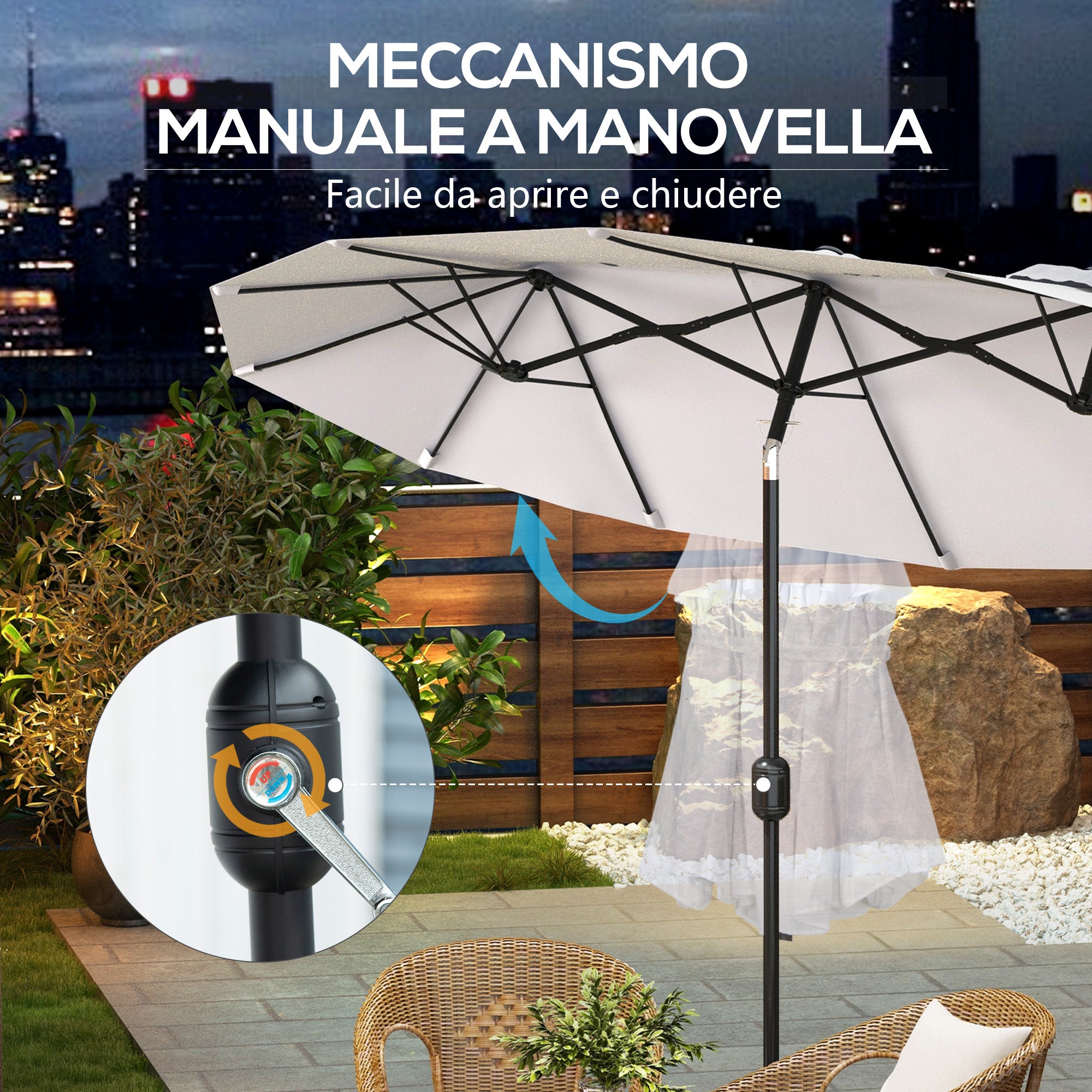 Double Garden Umbrella with 45° Tilt Crank and 3 Air Vents, Outdoor Umbrella in Steel and Polyester, 295x152x222 cm, Cream