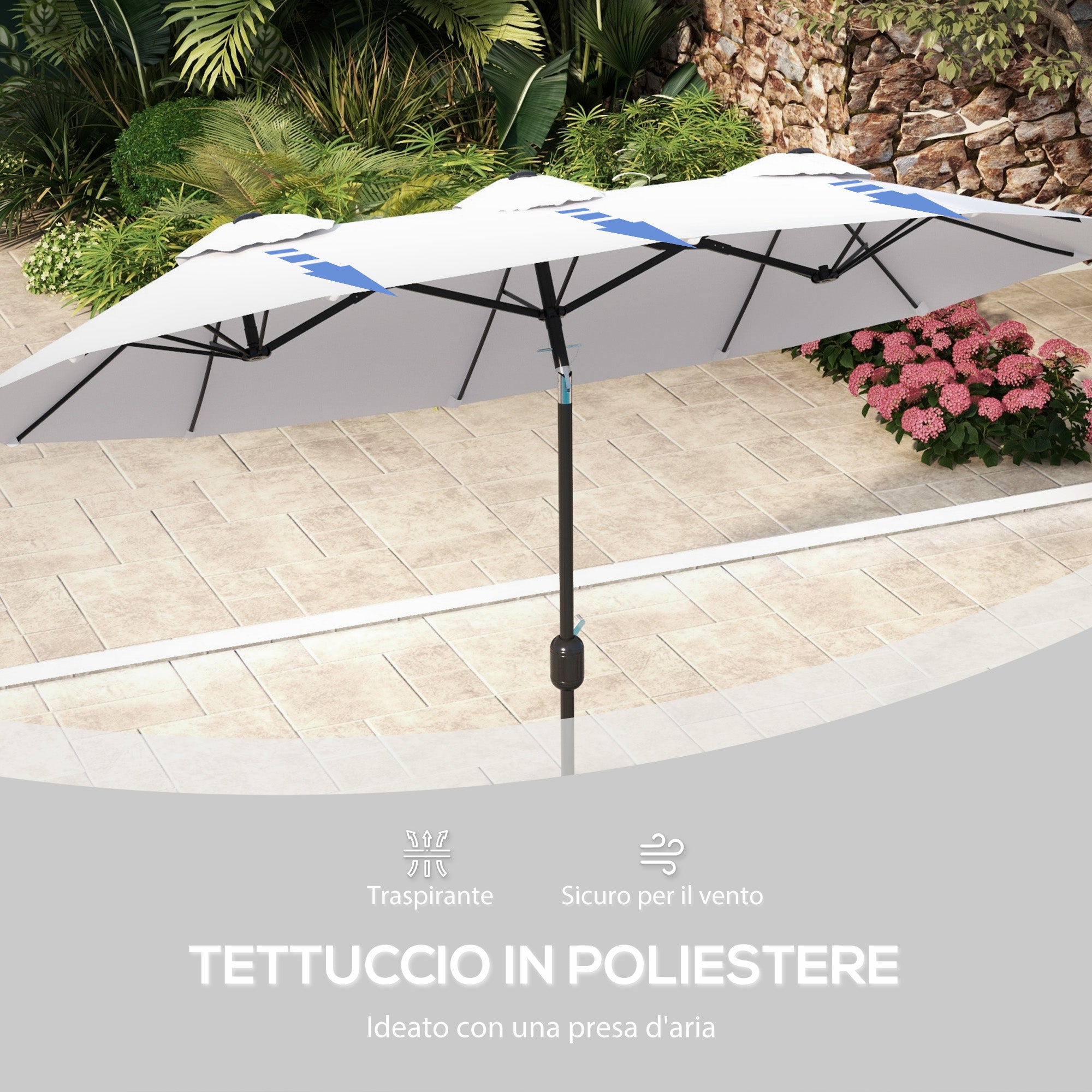 Double Garden Umbrella with 45° Tilt Crank and 3 Air Vents, Outdoor Umbrella in Steel and Polyester, 295x152x222 cm, Cream