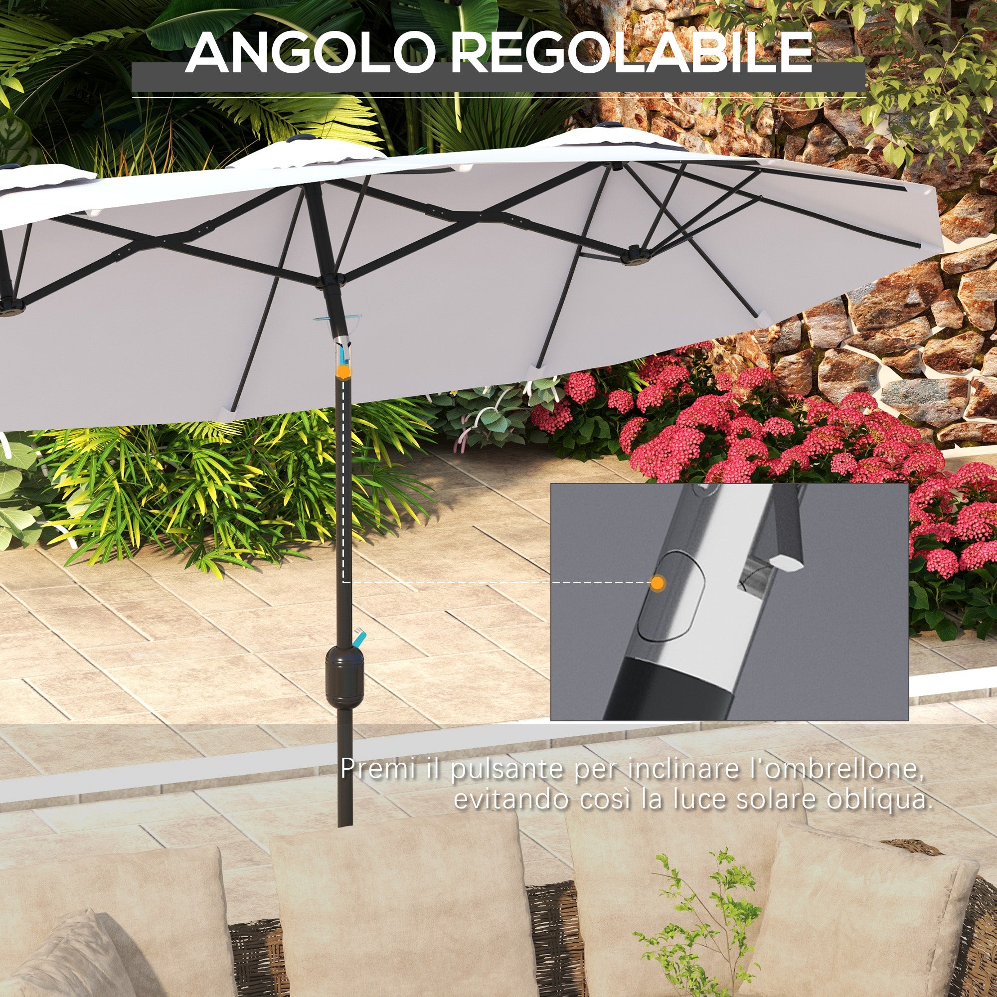 Double Garden Umbrella with 45° Tilt Crank and 3 Air Vents, Outdoor Umbrella in Steel and Polyester, 295x152x222 cm, Cream