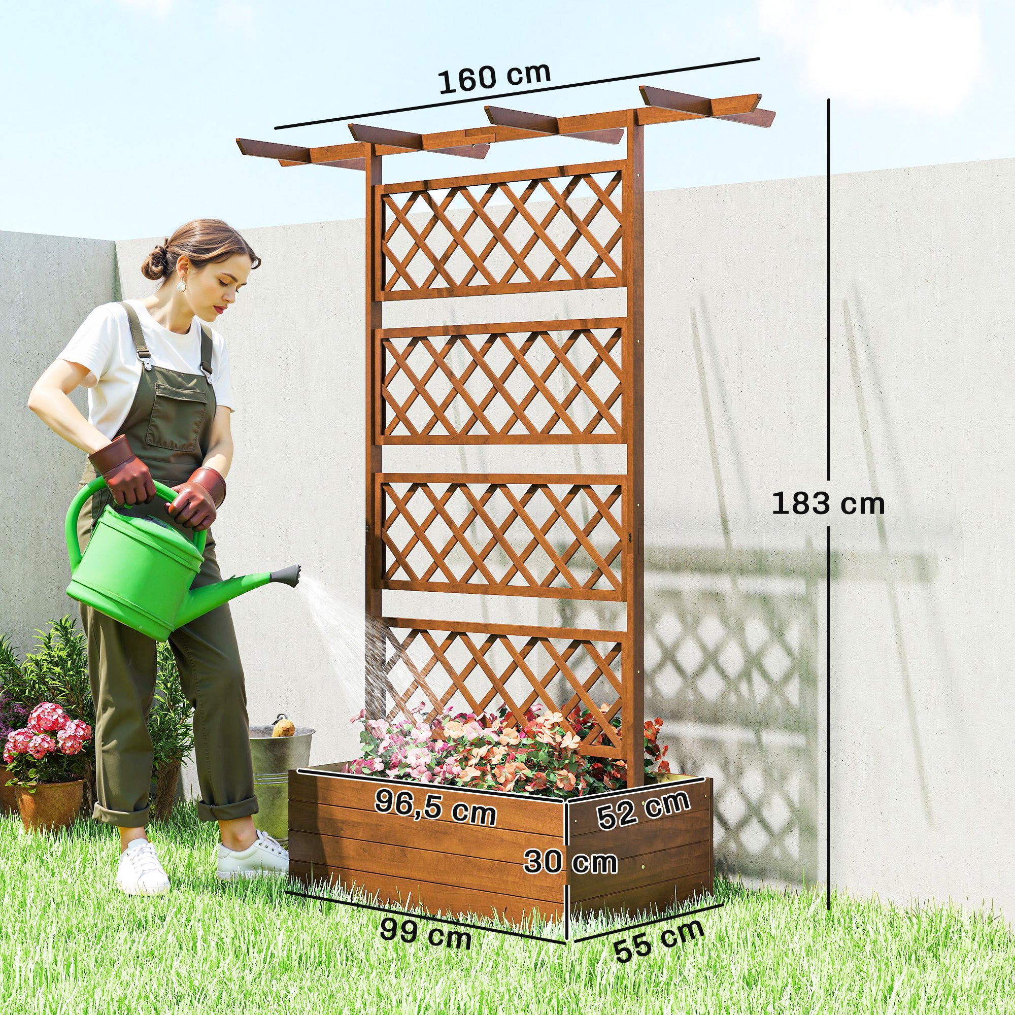 Pine Raised Planter with Trellis & Roof, Raised Garden Bed for Climbers, Balcony & Garden, 63 × 21.7 × 72 in (160 × 55 × 183 cm) - Orange