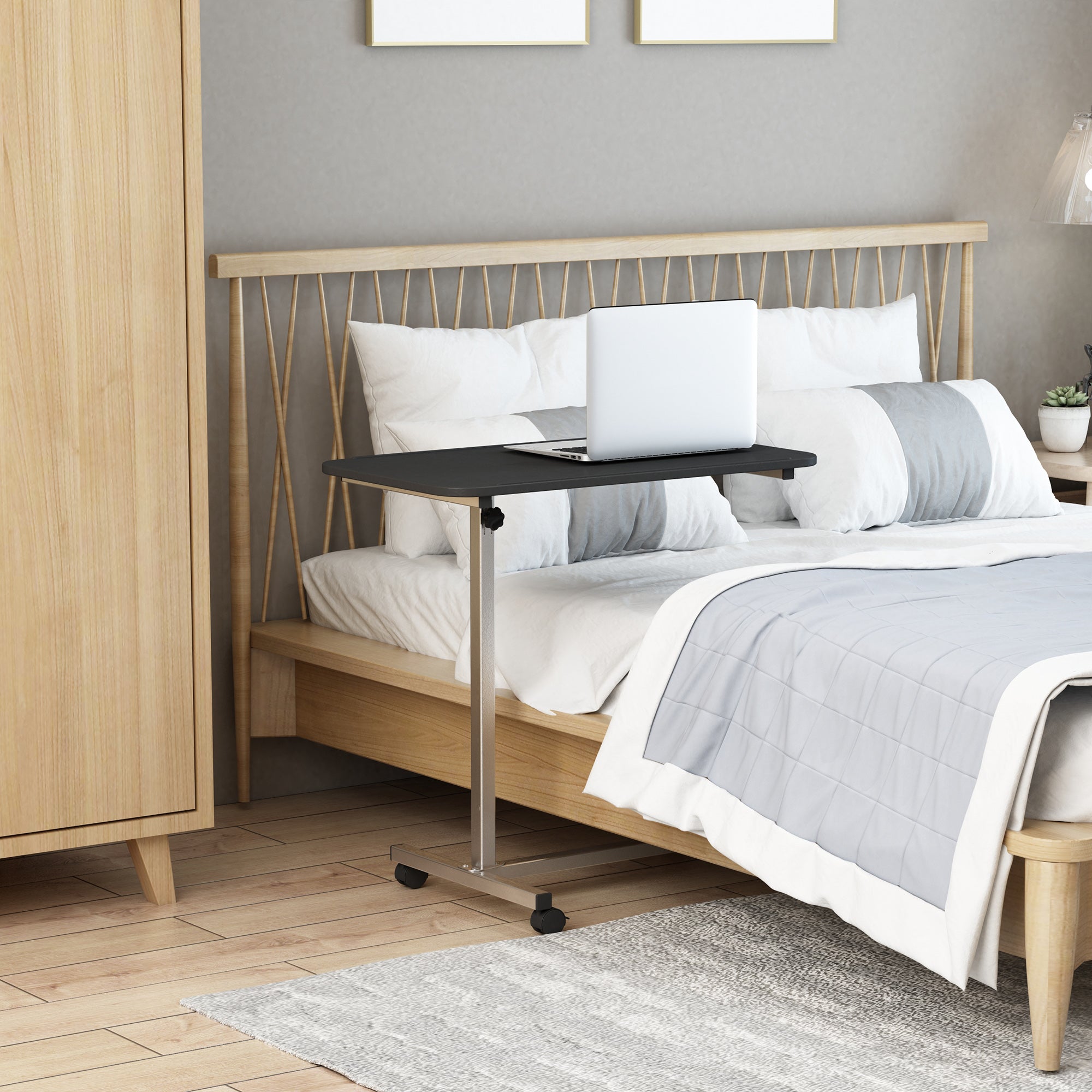 Side Table with Wheels Sofa Table with Adjustable Height and Metal Frame 44.5"x15.75"x30-39.4" Black and Silver