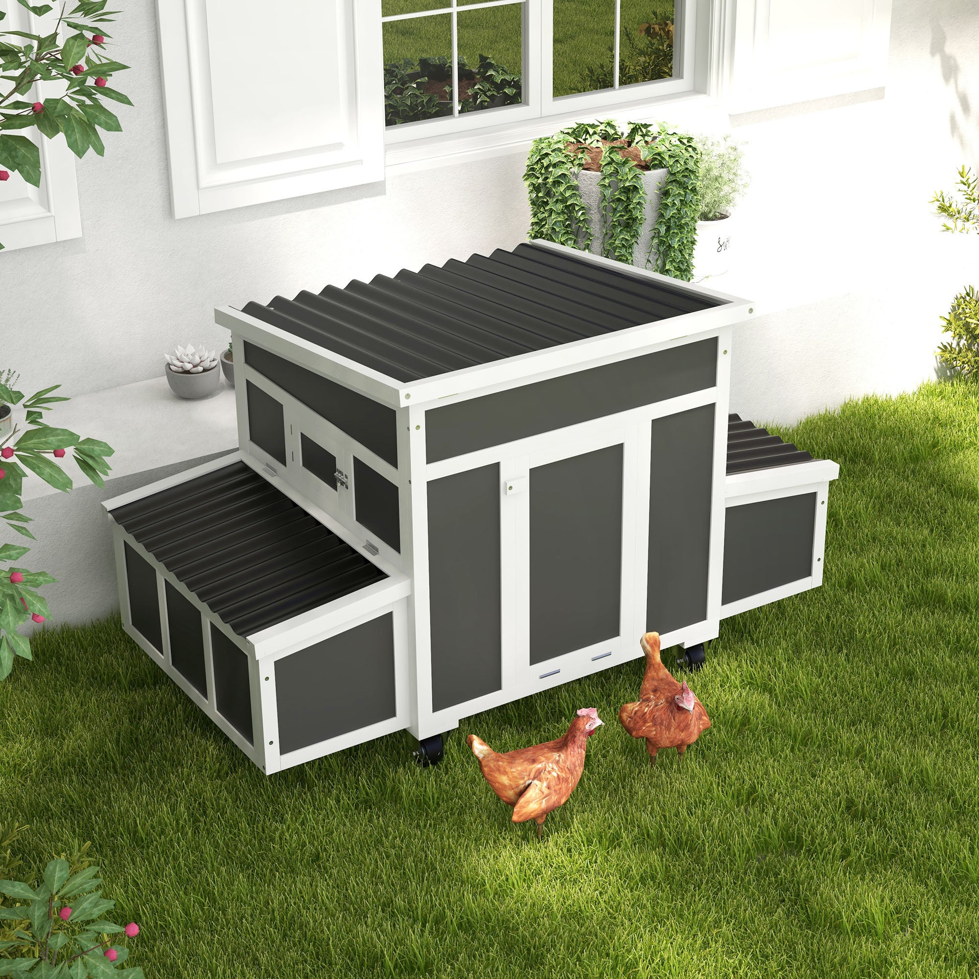 Wooden Chicken Coop 147x93.5x89.5 cm Outdoor Chicken Coop with Window Door Nest Removable Tray and Perches Cage for 1-6 Chickens Dark Gray