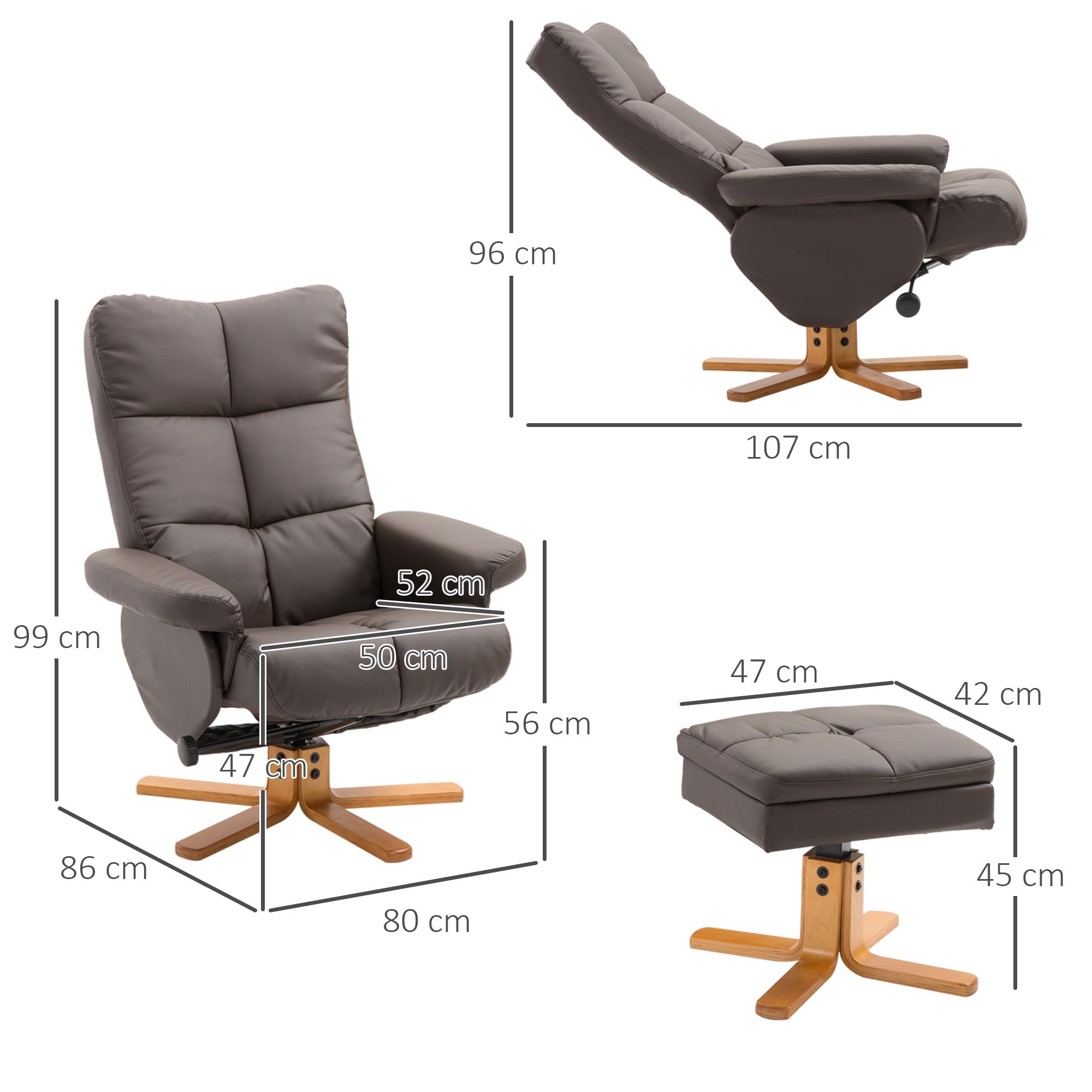 Recliner with Footstool, Storage, Padded TV Chair with Reclining Function, 360° Rotatable TV Chair for Bedroom, Living Room, Faux Leather, Brown