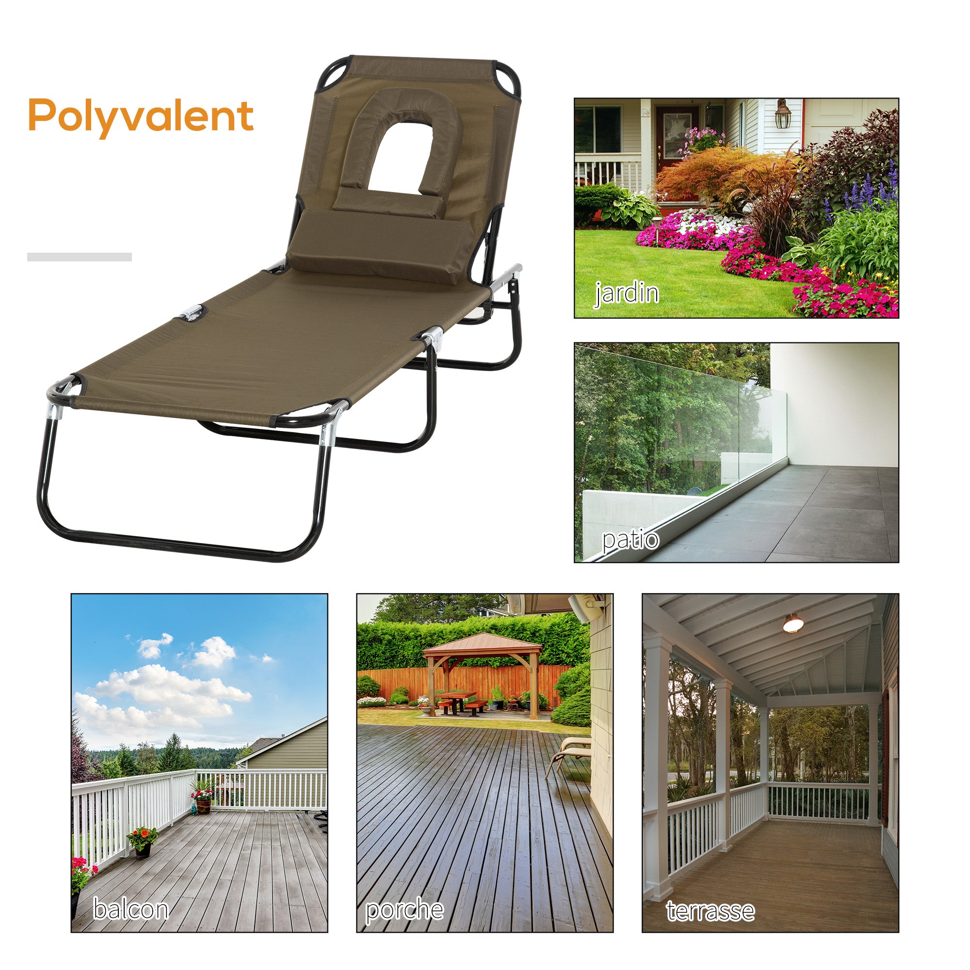 Folding Sun Lounger with Headrest, Reading Hole, 4-Position Reclining Sun Lounger in Oxford 600D, Outdoor Garden Lounger Camping Pool Terrace, 190x56x28cm, Brown