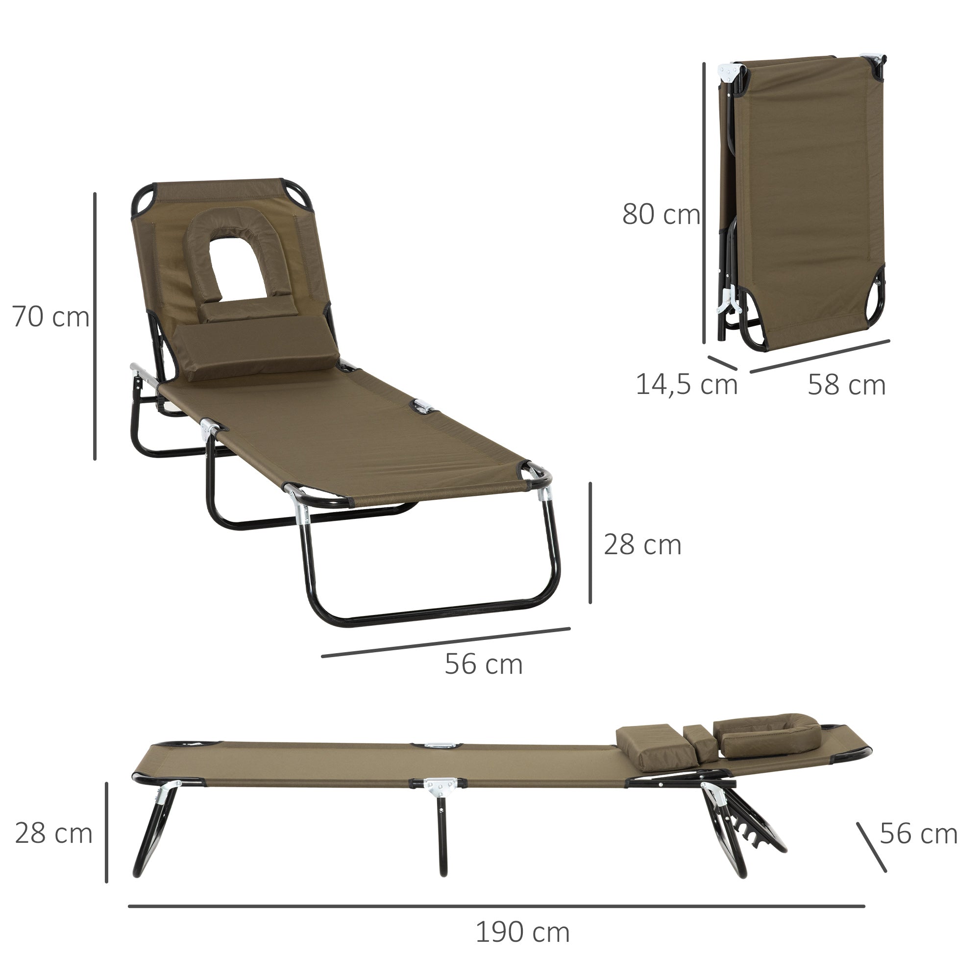 Folding Sun Lounger with Headrest, Reading Hole, 4-Position Reclining Sun Lounger in Oxford 600D, Outdoor Garden Lounger Camping Pool Terrace, 190x56x28cm, Brown